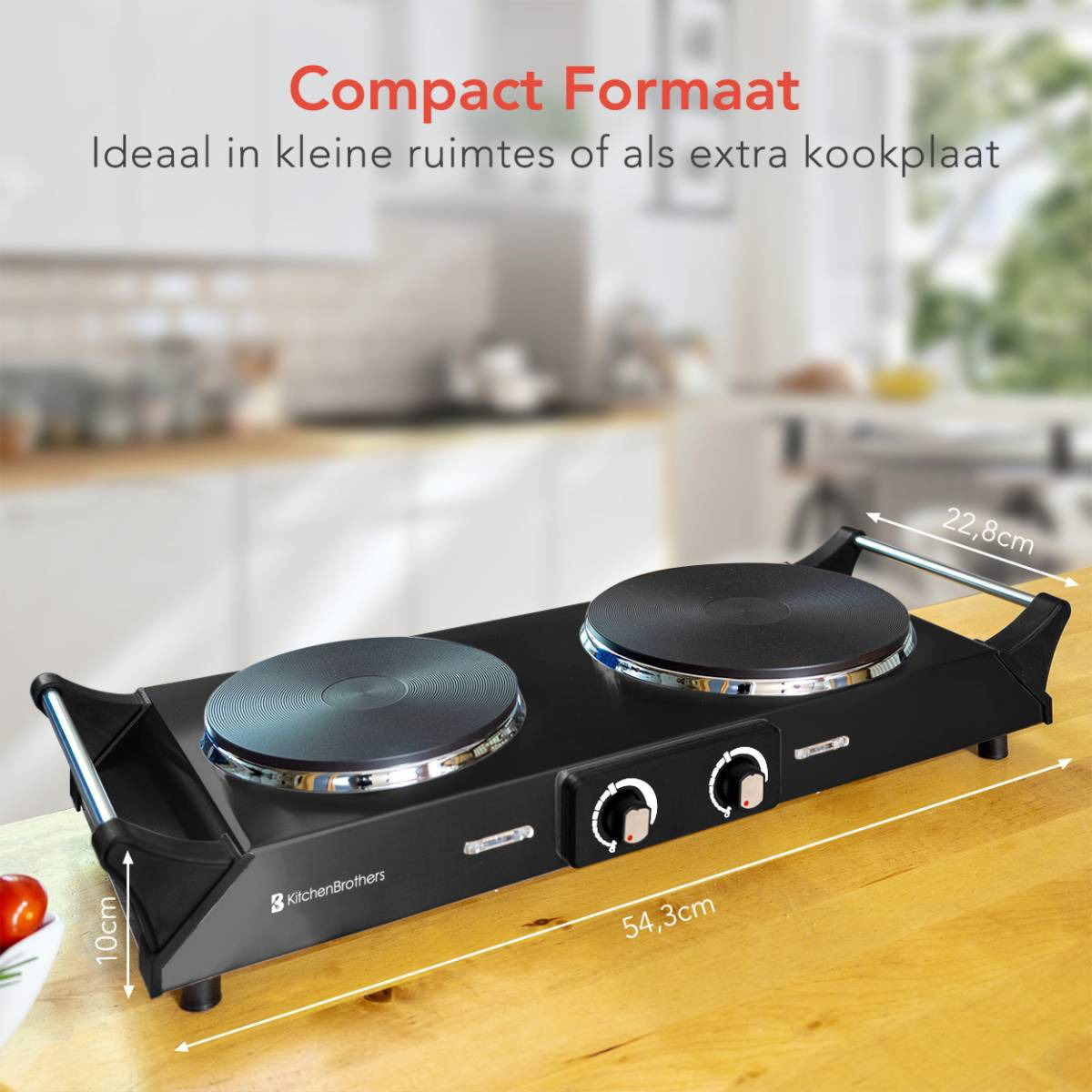 Black double hot plate with two burners. Black surface, silver accents, and white background.