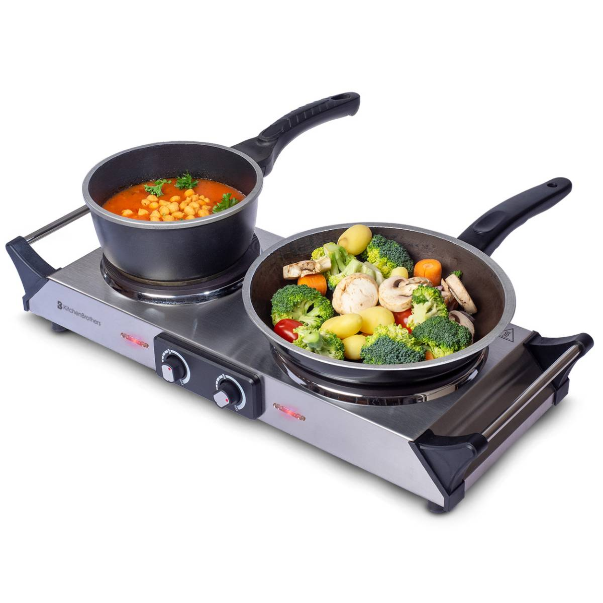 Electric hot plate with two burners with pots and pans with food.