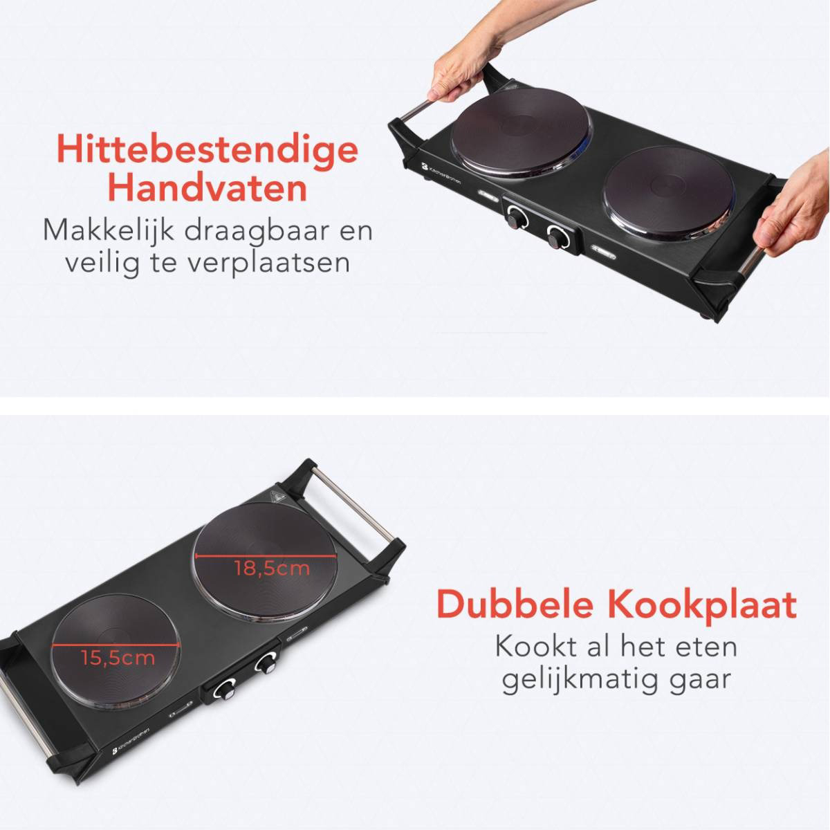 Close-up shots of a black double hotplate. Handles are visible. Text: Double Hotplate, cooks food evenly.