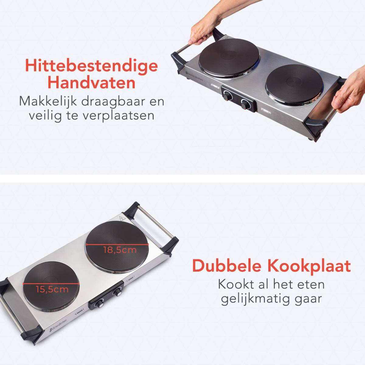 Two hands holding a black cooking plate. Dutch text and dimensions are visible as well.