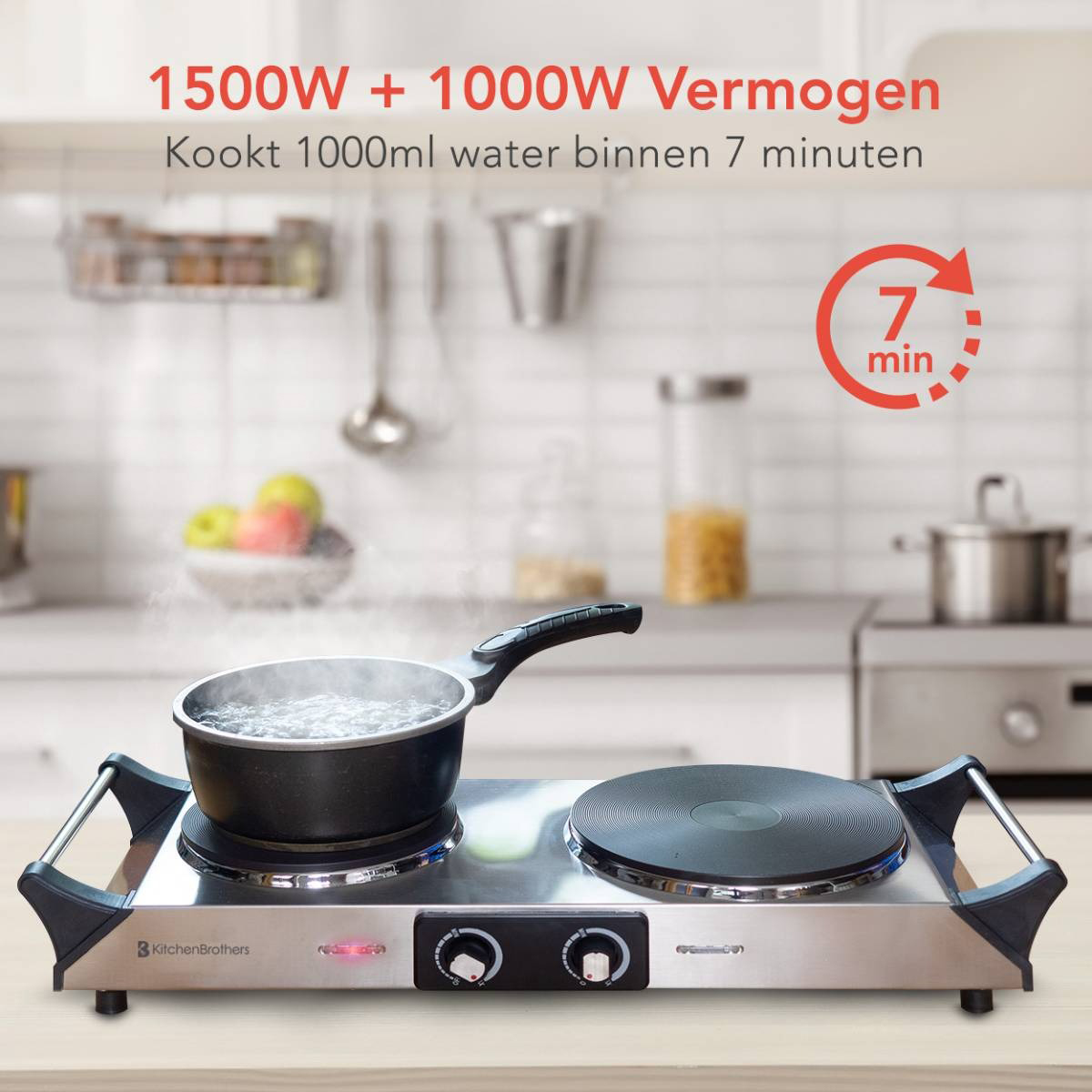 Electric cooktop with two burners. A pan with boiling water is on one.