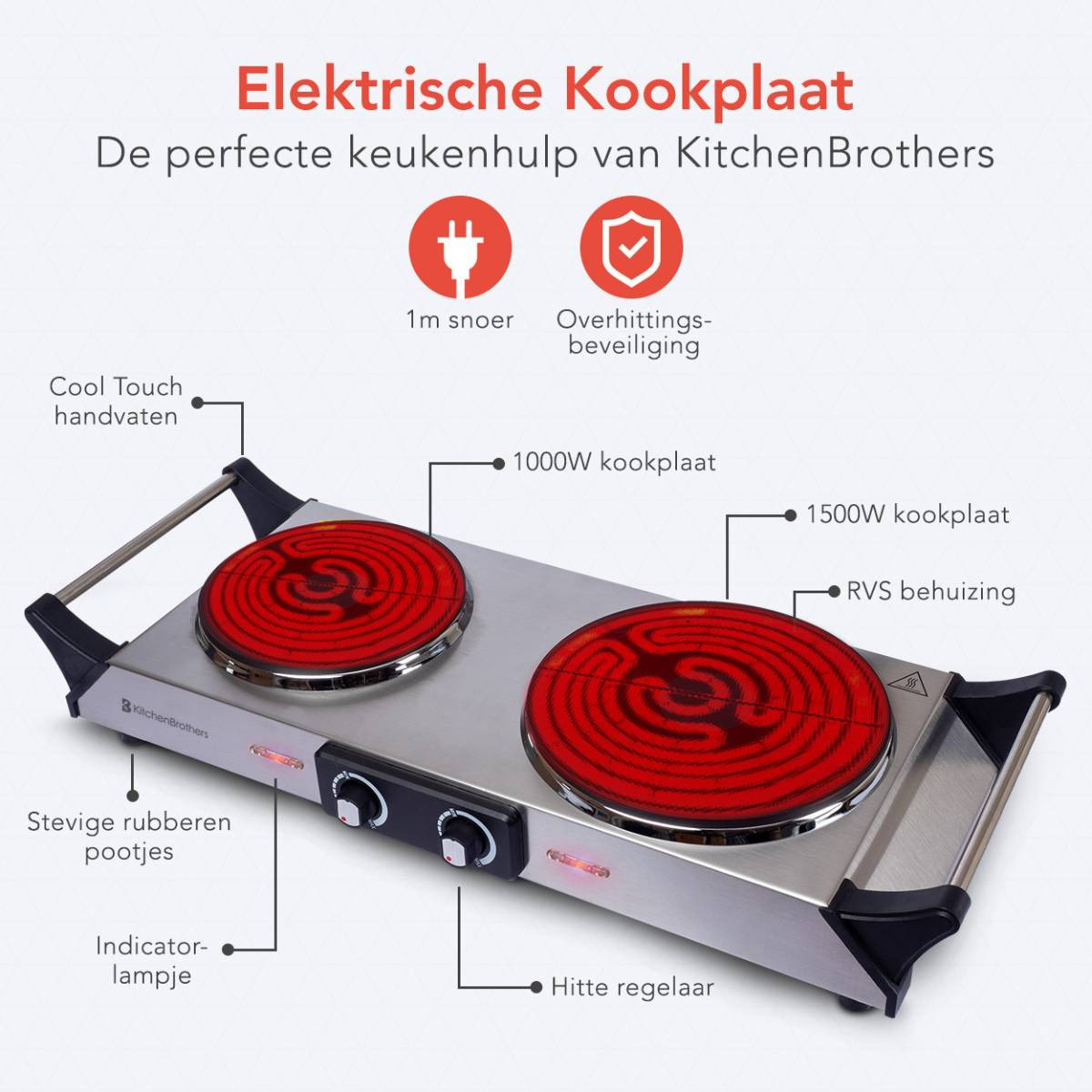 Electric hot plate with two red heating elements and control knobs. Labels are present.
