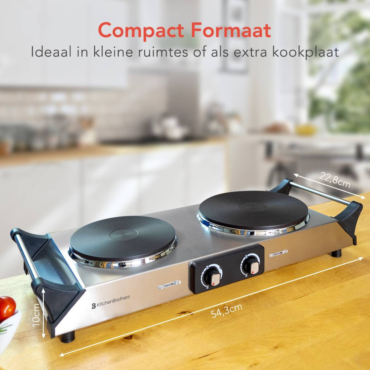 Double hot plate on a white countertop.  Dimensions and text labels are present.  Kitchen background.
