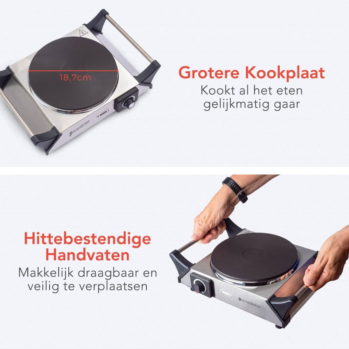 Single hot plate on a countertop. Text and dimensions are present. Hands holding the hot plate. 