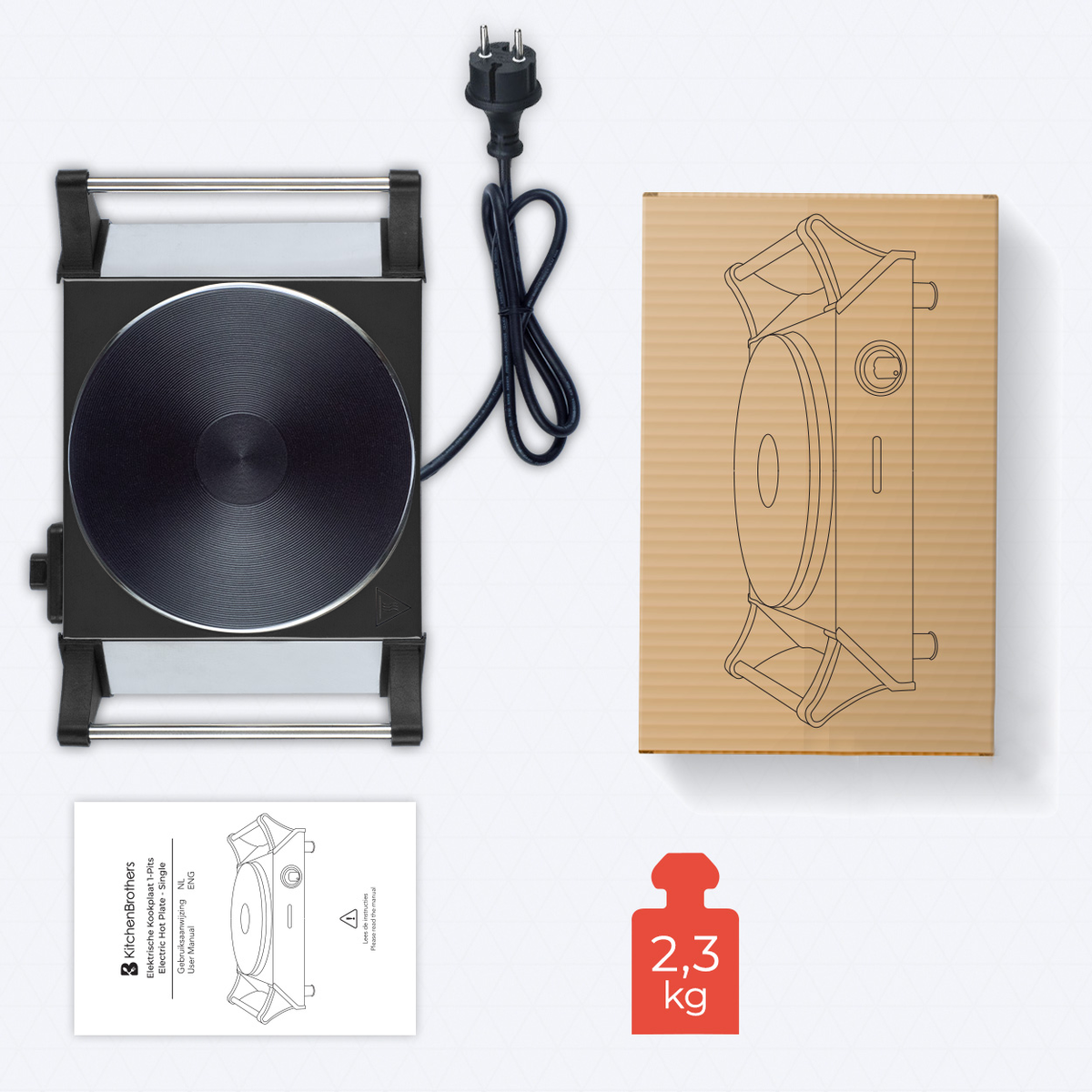 An electric cooktop with a black top and a box. A user manual and a red weight label are also included.