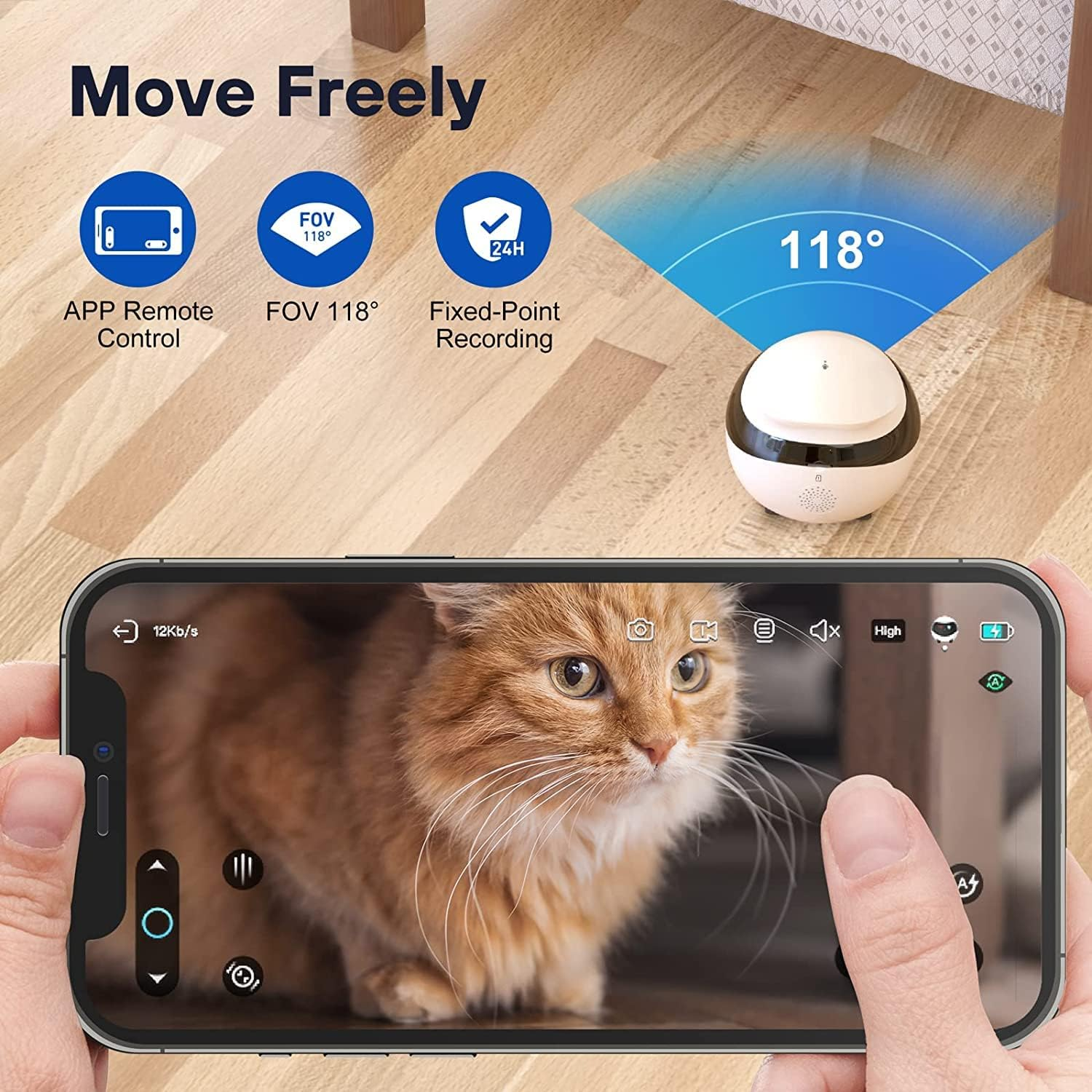 Ein Telefon zeigt ein Katzenvideo. Eine kleine Kamera ist in der Nähe der Decke. Textlabels für Funktionen.