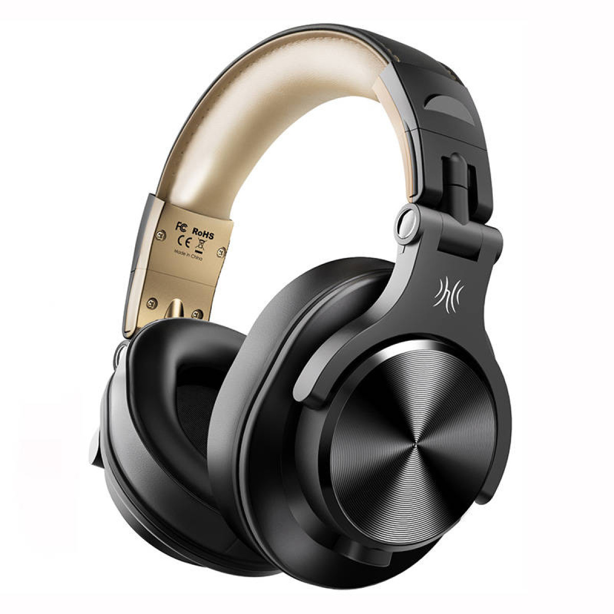 Black headphones with a gold headband and a circular design on the ear cup. White background.