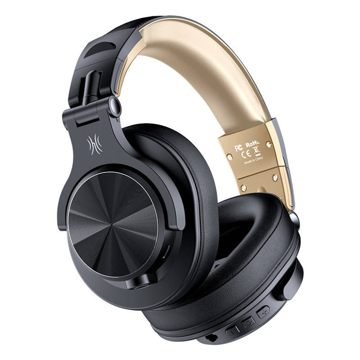 Black headphones with gold accents on the headband. Black earcups and a control panel.