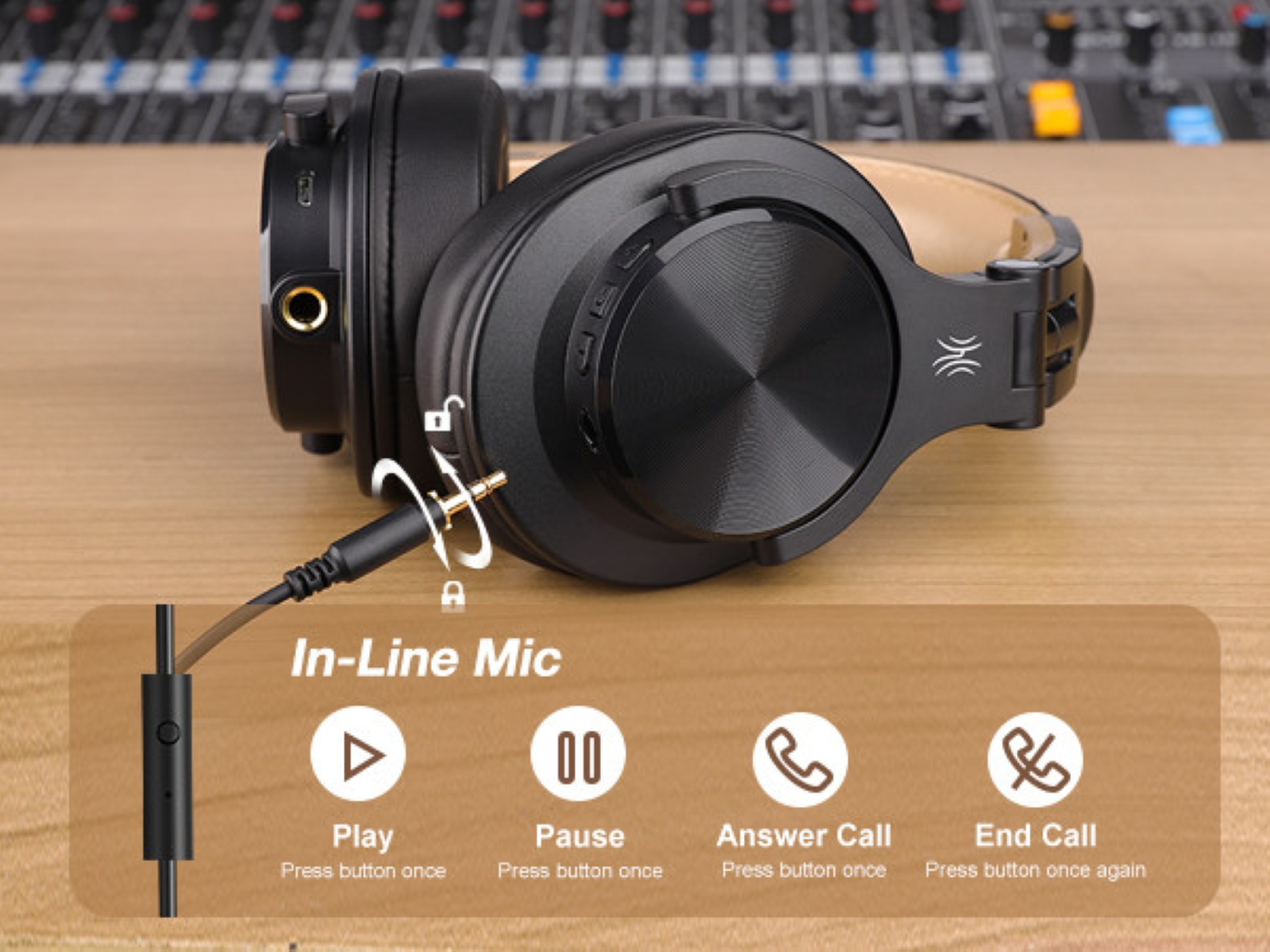 Black headphones with in-line mic. Play, pause, answer, end call buttons.