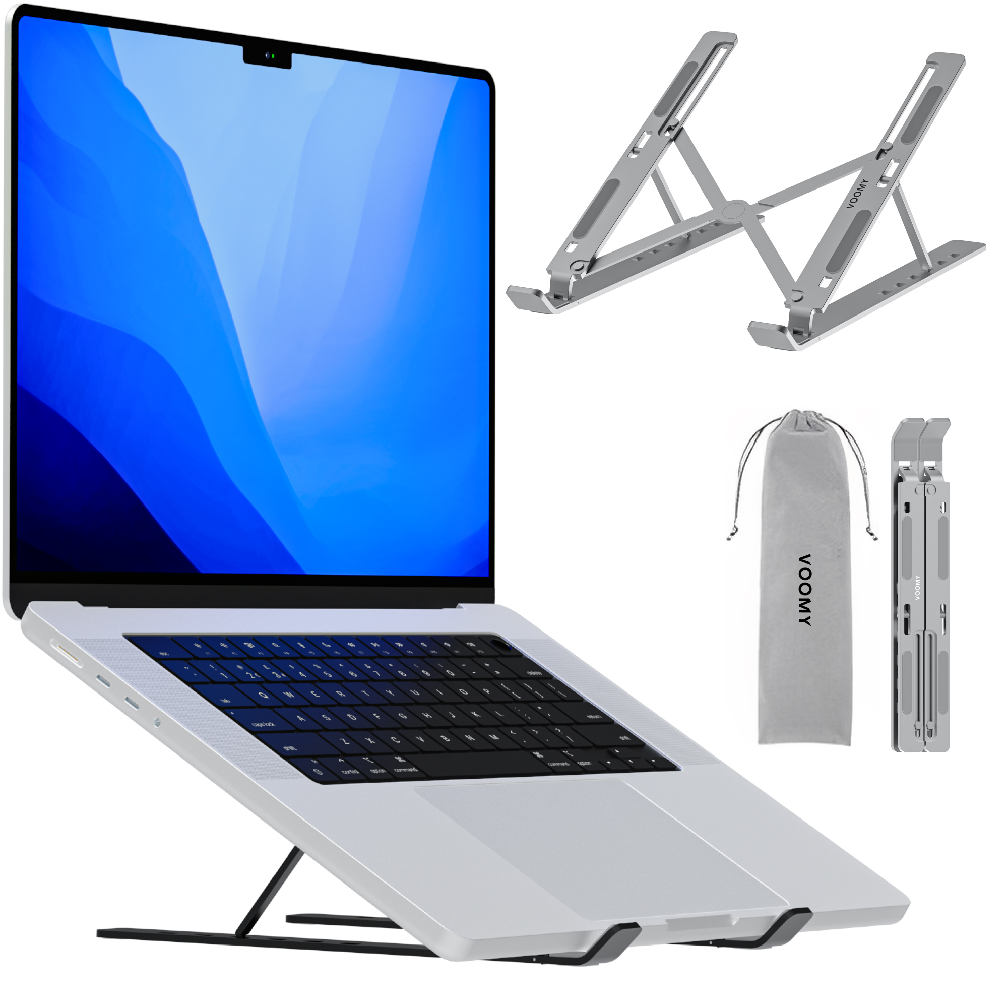 Laptop auf silbernem Ständer mit separatem Ständerteil und Tragetasche.