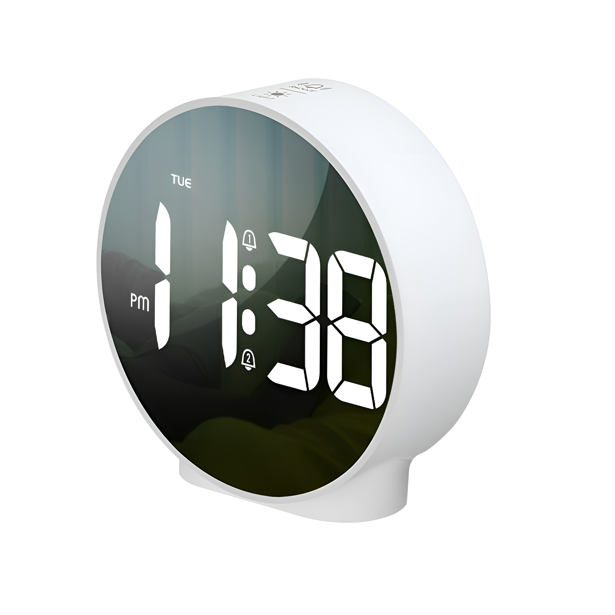 Weißer digitaler Wecker. Die Uhrzeit ist 23:38 Uhr. Er hat eine gebogene Form und einen weißen Sockel.