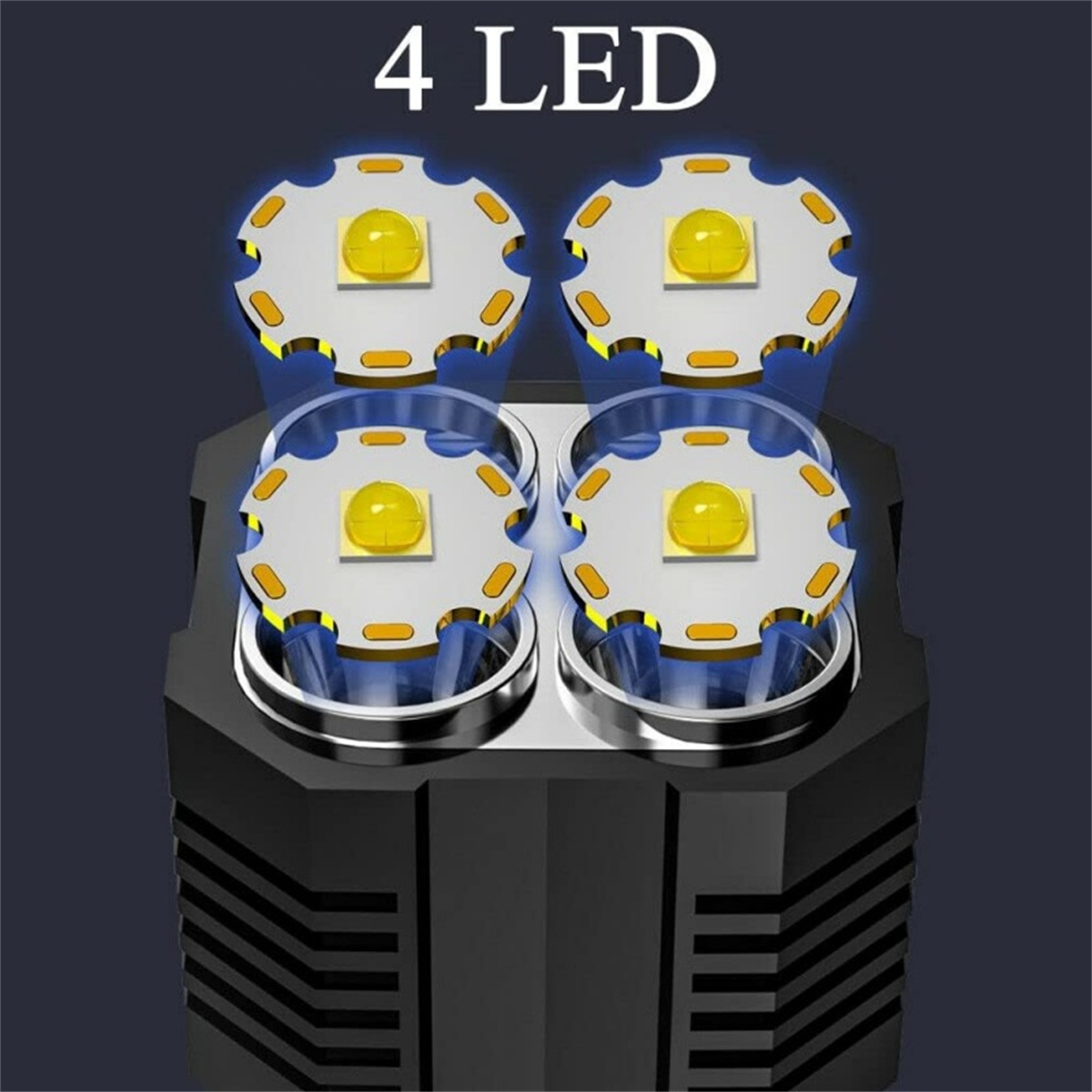 Eine schwarze Taschenlampe mit 4 gelben LEDs. Das Licht ist an und der Hintergrund ist dunkelblau.
