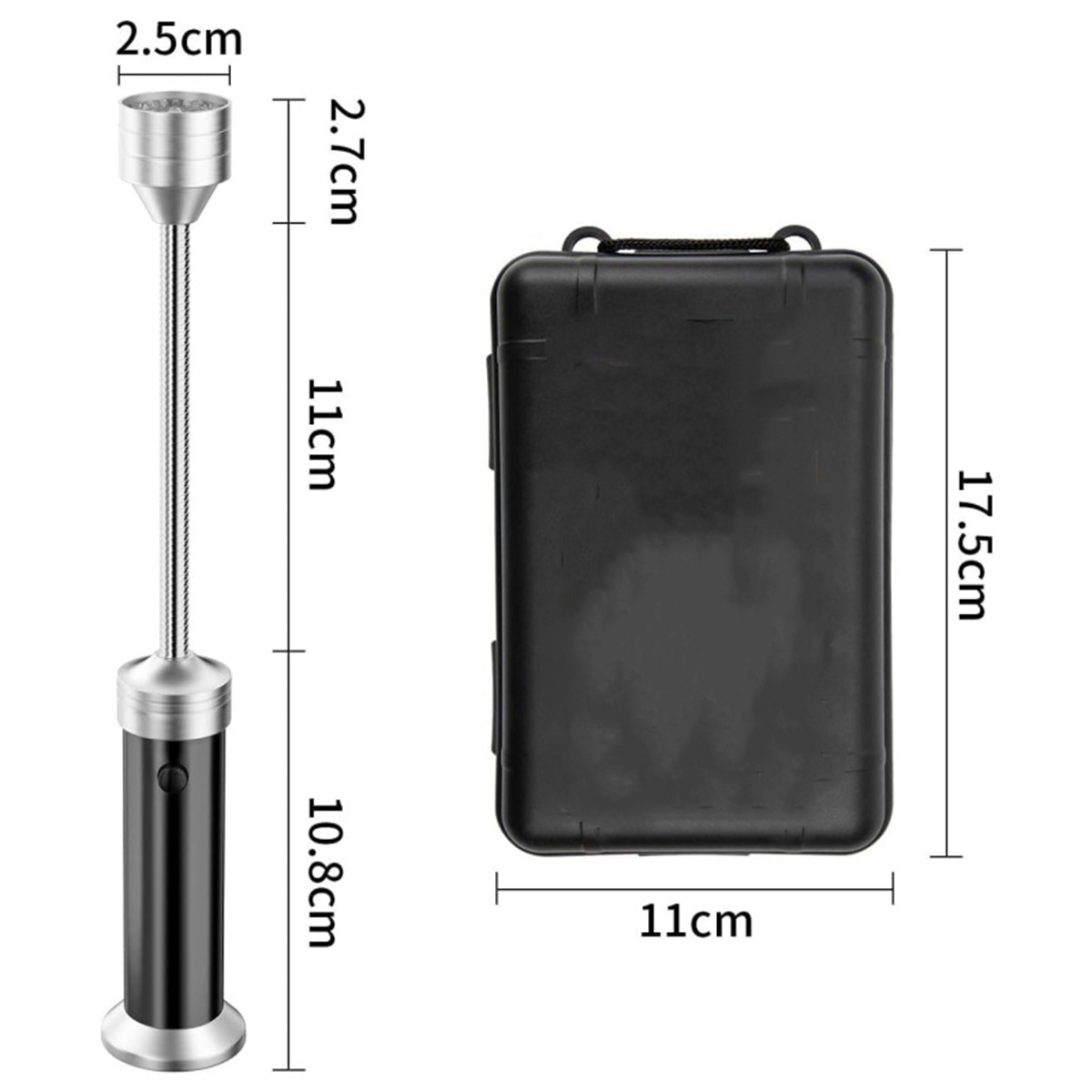 Eine LED-Leuchte und eine schwarze, wasserdichte Hülle. Das Licht hat einen flexiblen Hals und ist silbern und schwarz.