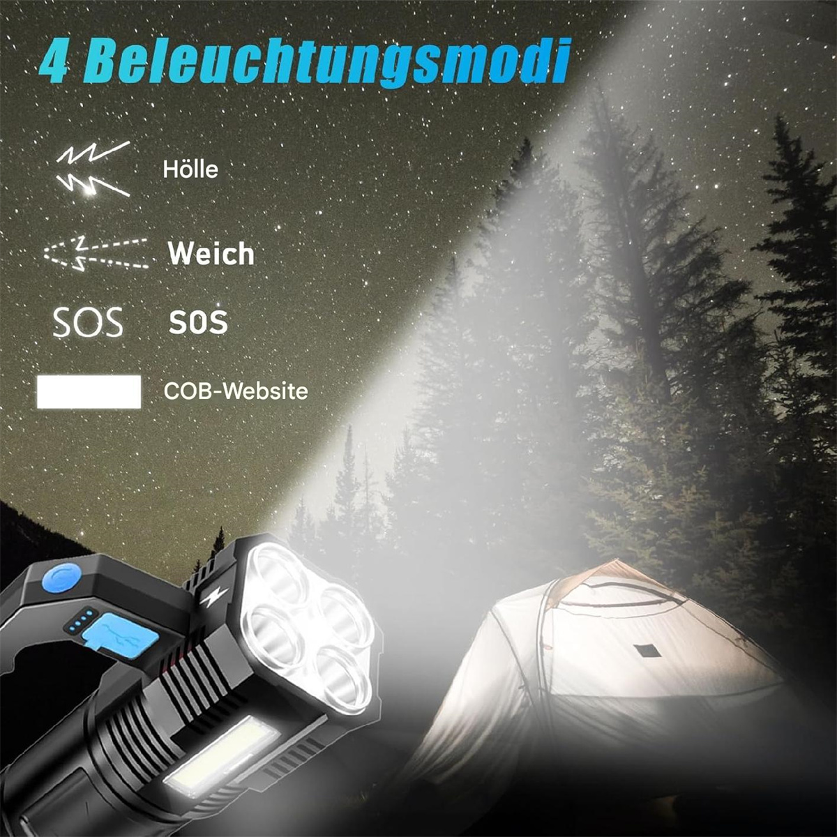 Eine Taschenlampe, die vier Lichtstrahlen auf eine Nachtszene wirft. Zeigt vier Beleuchtungsmodi: hoch, niedrig, SOS und COB.