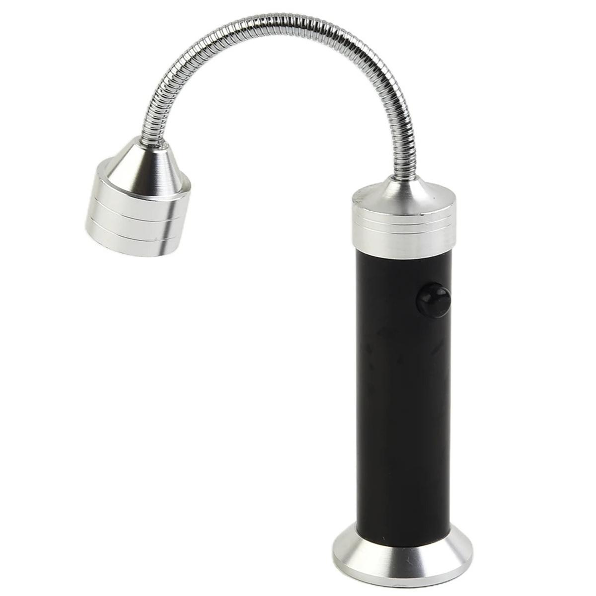 Eine schwarz-silberne Leuchte mit flexiblem Hals. Sie hat einen silbernen Kopf und einen schwarzen Griff mit Knopf.