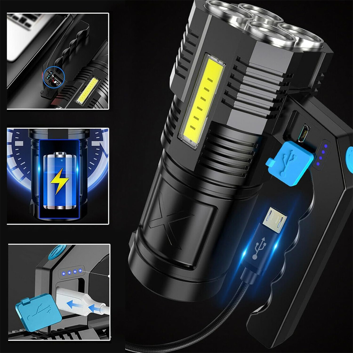 Schwarze Taschenlampe mit mehreren Lichtquellen. USB-Ladeanschlüsse sind gezeigt. Weißer Hintergrund.