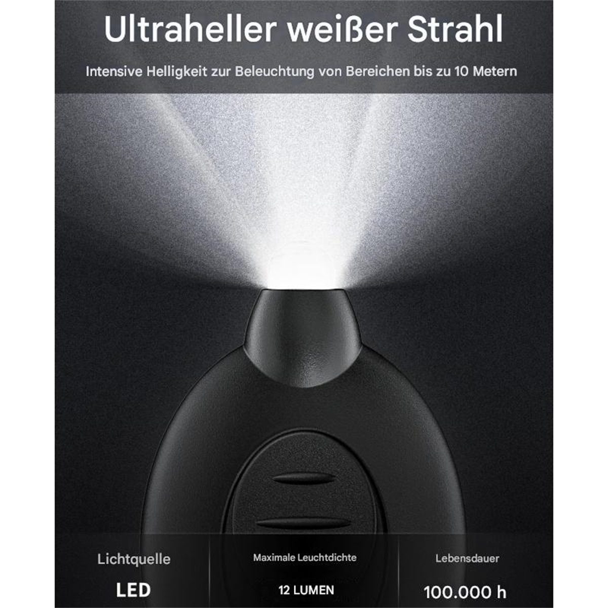 Eine schwarze Taschenlampe, die einen hellen weißen Lichtstrahl aussendet, mit dem Text '12 LUMEN', '100.000 h'.