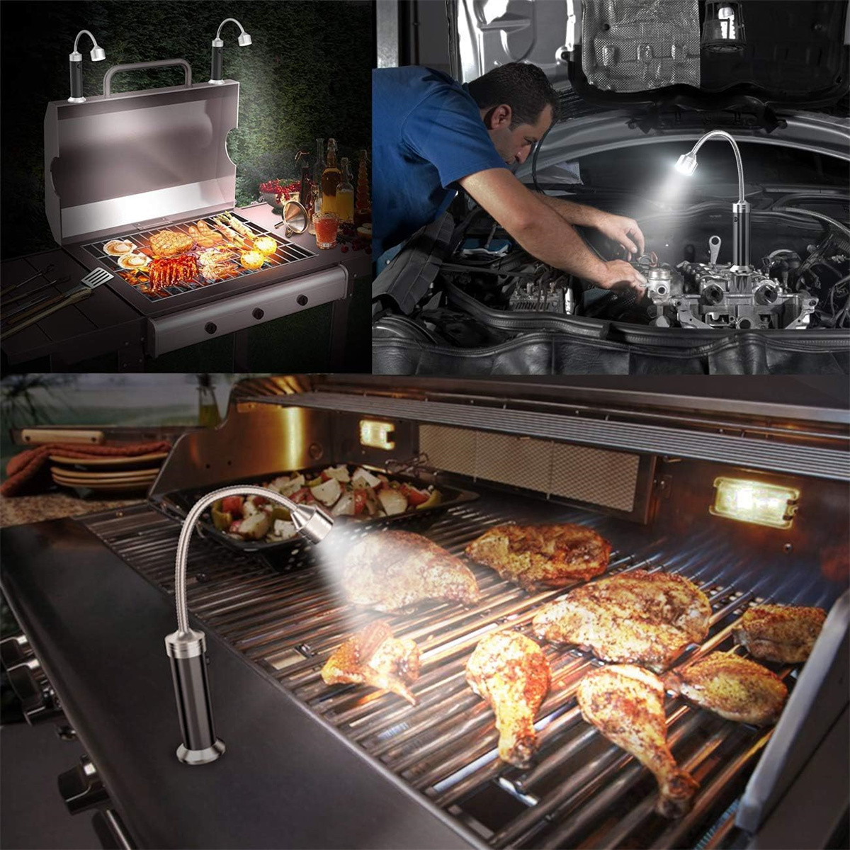 Mehrere Bilder zeigen eine flexible LED-Lampe, die einen Grill und Motorräume beleuchtet.