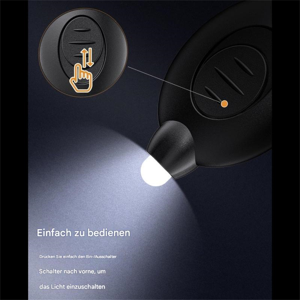 Schwarze Taschenlampe mit Knopf und Lichtstrahl. Text: Einfach zu bedienen. Zeigt, wie man das Licht ein-/ausschaltet.