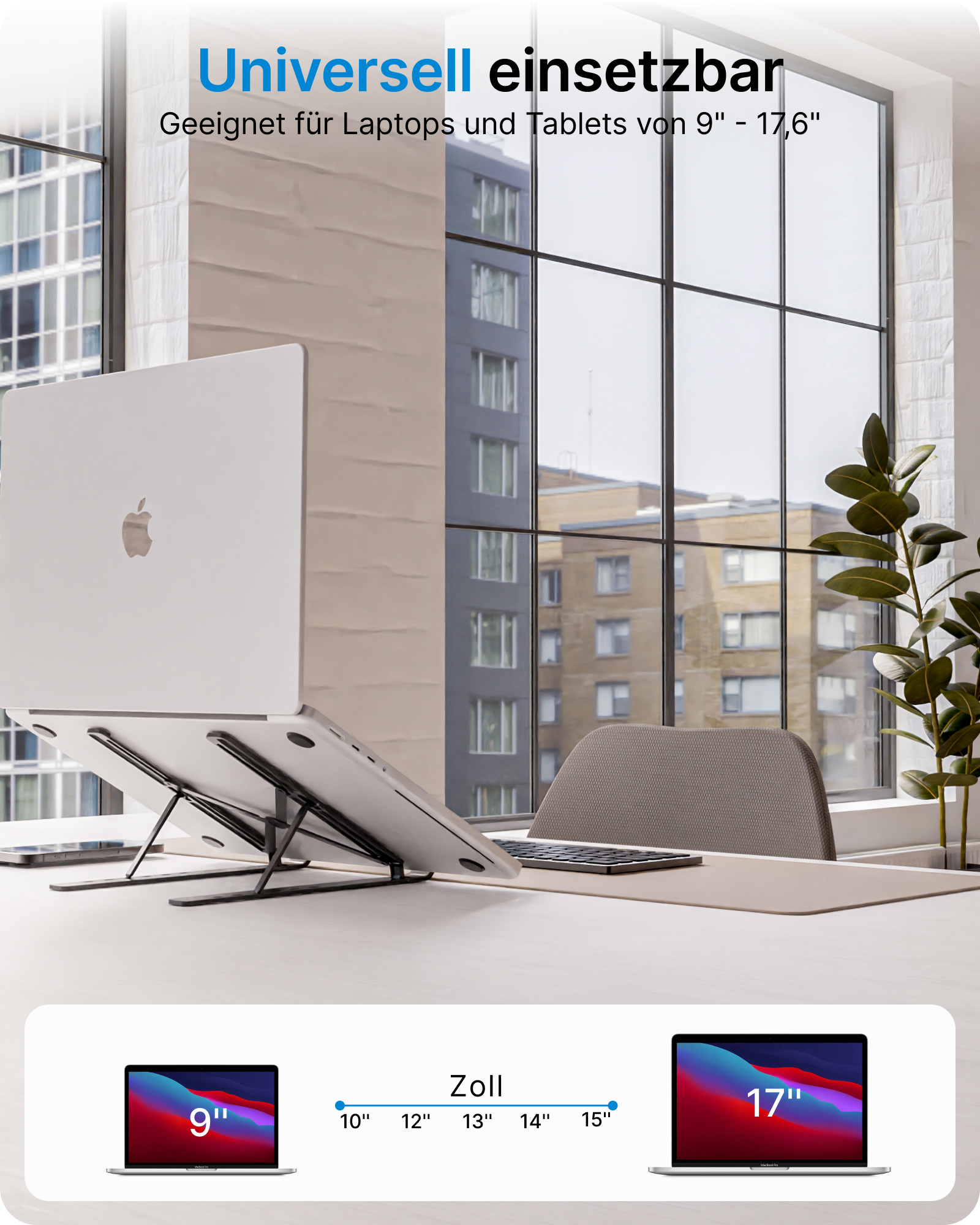 Laptopständer mit zwei Laptops darauf. Zeigt 9", 10", 12", 13", 14", 15" und 17" Größen.