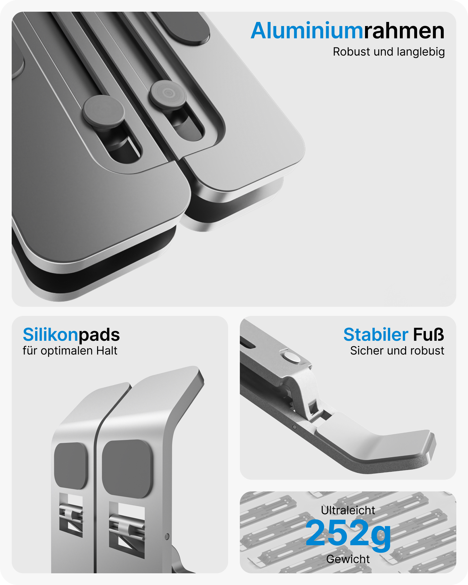 Silberner Laptopständer mit Beschreibungen von Aluminiumrahmen, Silikonpads und stabilem Fuß.