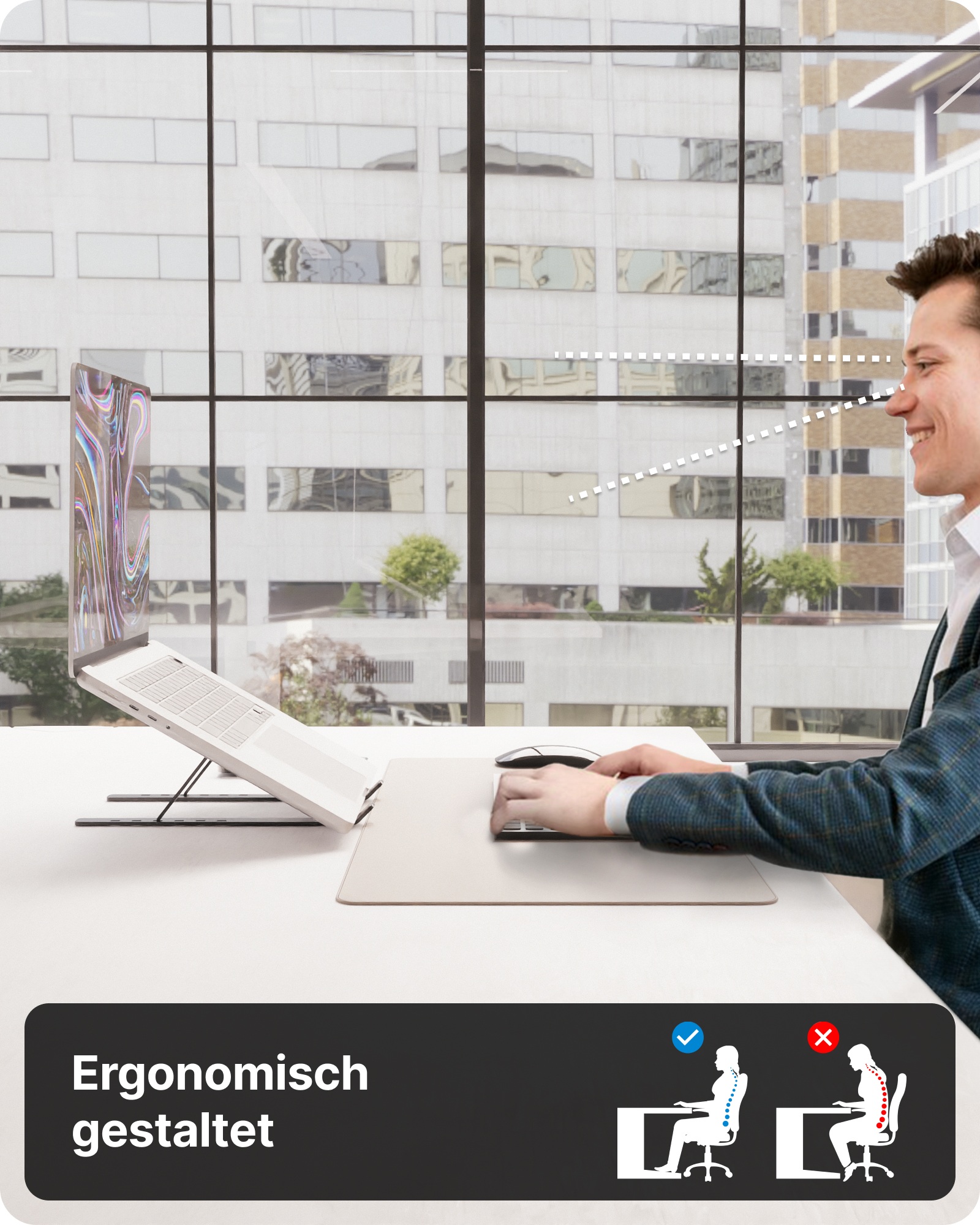 Ein Mann arbeitet an einem Laptop. Unten steht „Ergonomisch gestaltet“.