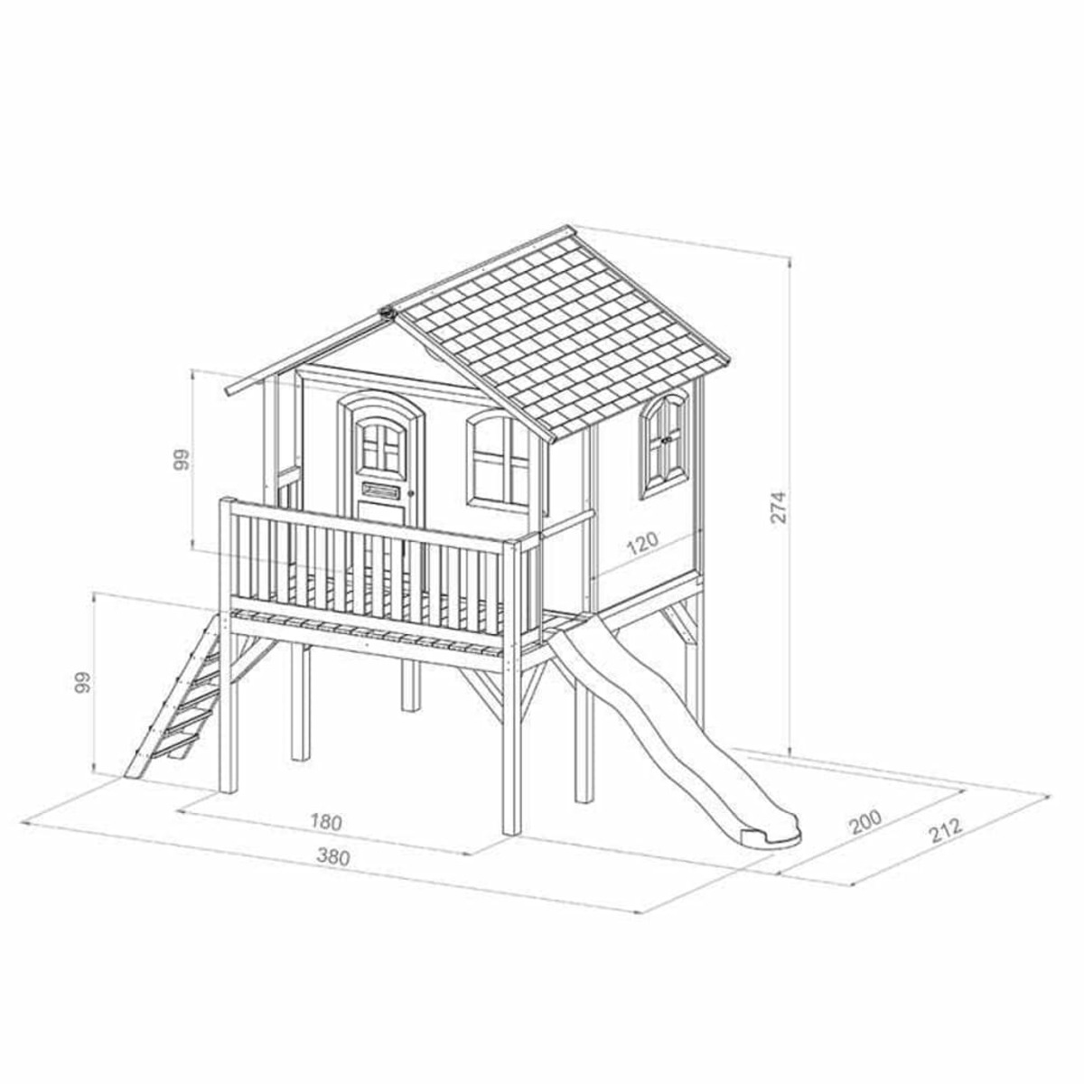 Spielhaus aus Holz mit Rutsche und Treppe. Weißer Hintergrund. Abmessungen sind mit Pfeilen angegeben.