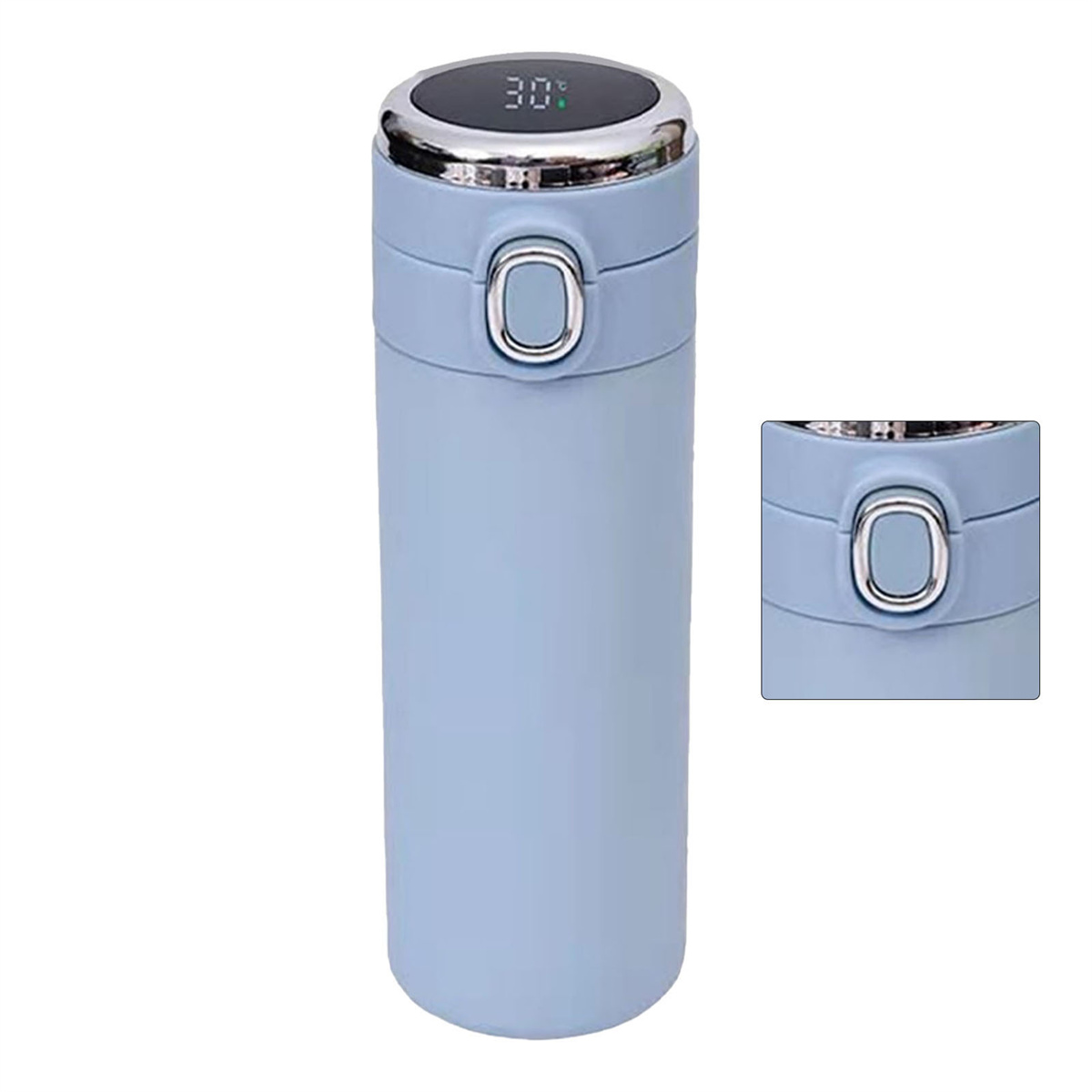 Hellblaue Isolierflasche mit Digitalanzeige 30. Silberne Akzente und ein Druckknopfdeckel.