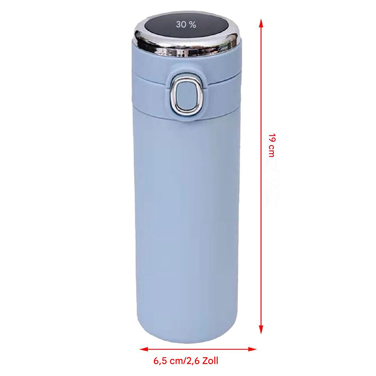 Eine hellblaue isolierte Wasserflasche mit Digitalanzeige (30%) und silbernem Deckel.