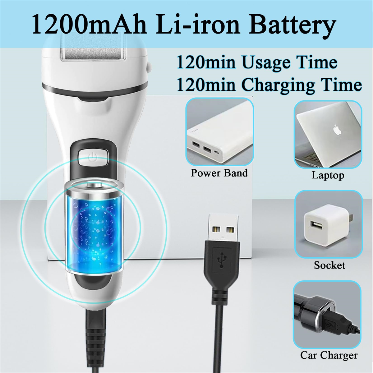Rasierer mit Batteriegrafik und Ladedetails: 1200mAh, 120min Nutzung/Laden.