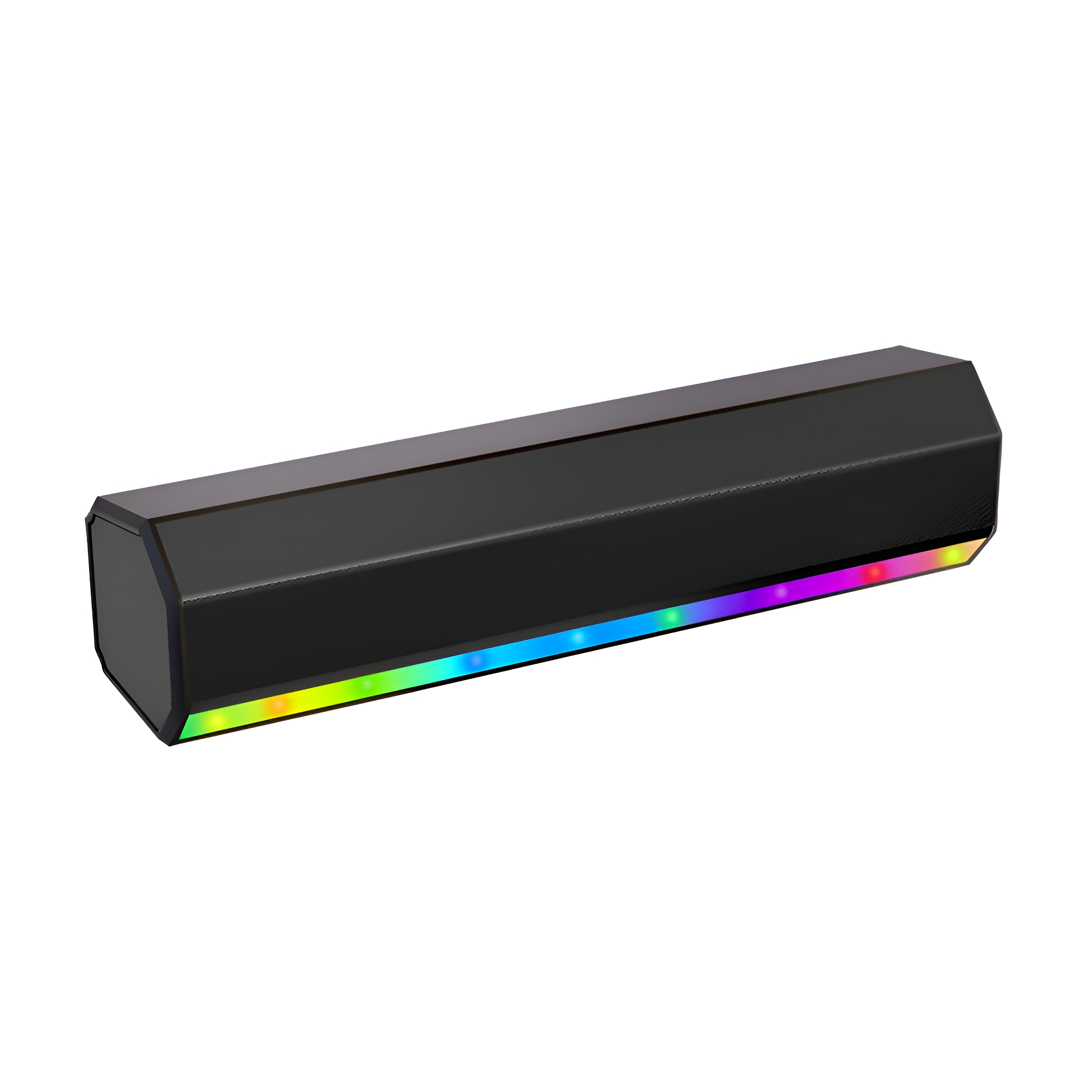 Schwarzer Lautsprecher mit Regenbogenlichtern an der Unterseite. Der Lautsprecher ist rechteckig mit sechseckiger Form.