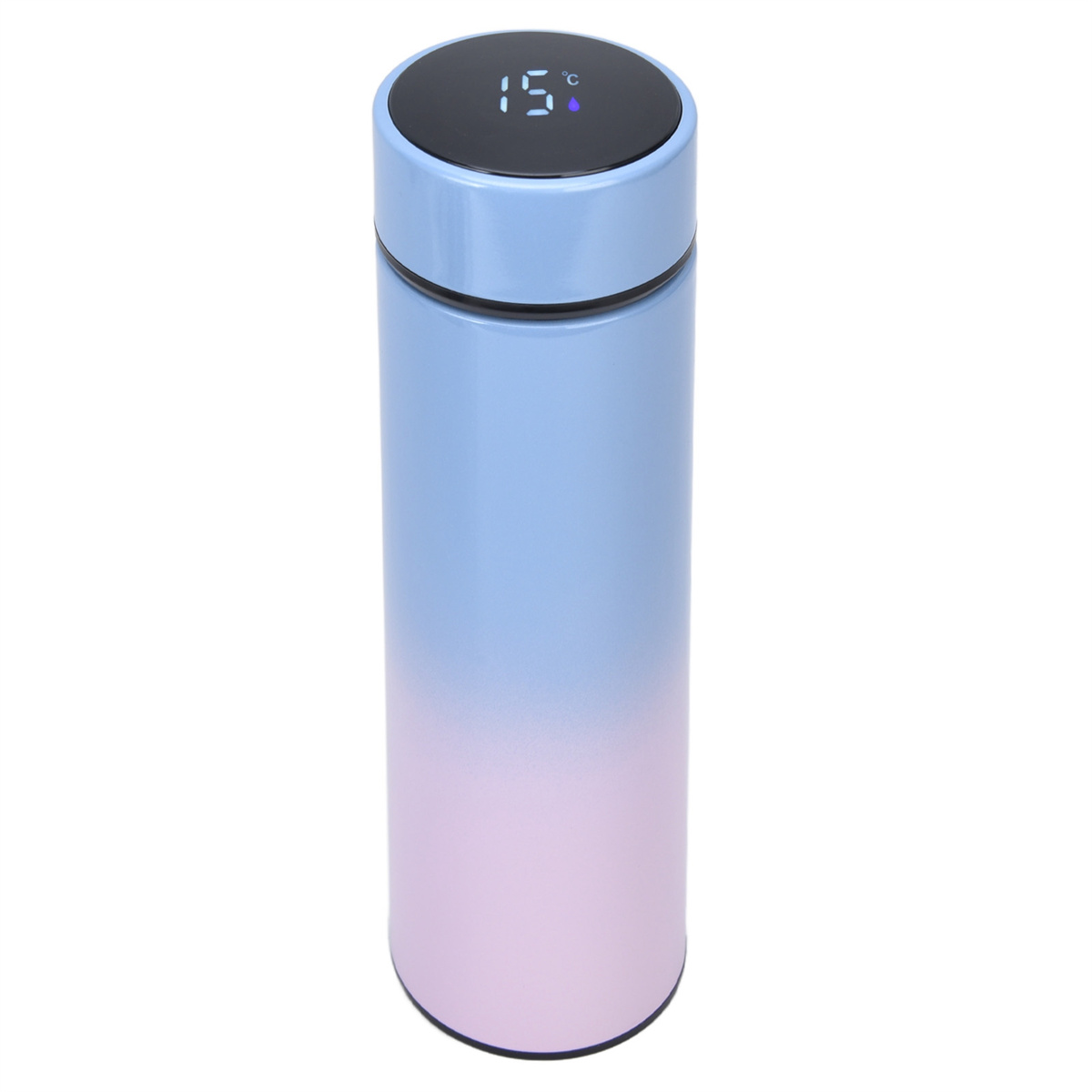 Eine isolierte Wasserflasche mit Farbverlauf, blau zu rosa, zeigt eine digitale Temperatur.