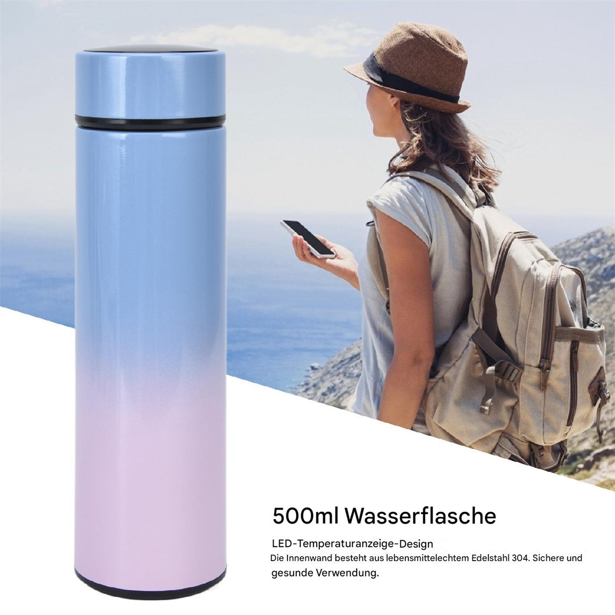 Farbverlauf blau-rosa Wasserflasche und eine Person mit Rucksack auf weißem Hintergrund.