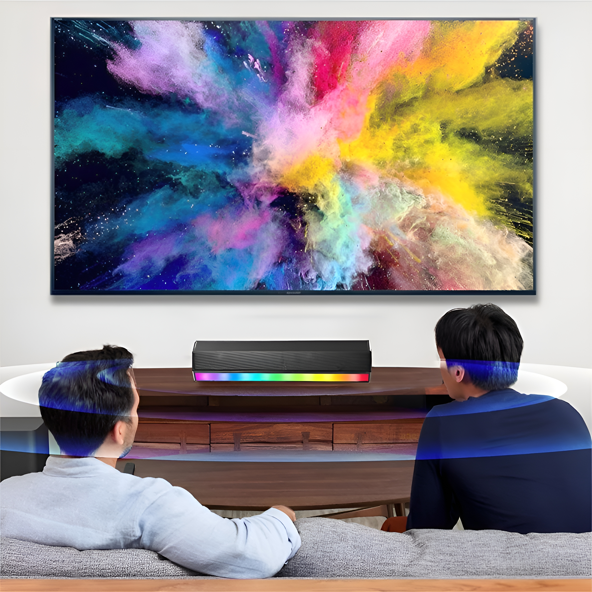 Zwei Personen schauen fern mit einem bunten Explosion-Bild, sitzen auf einem Sofa und eine Soundbar.