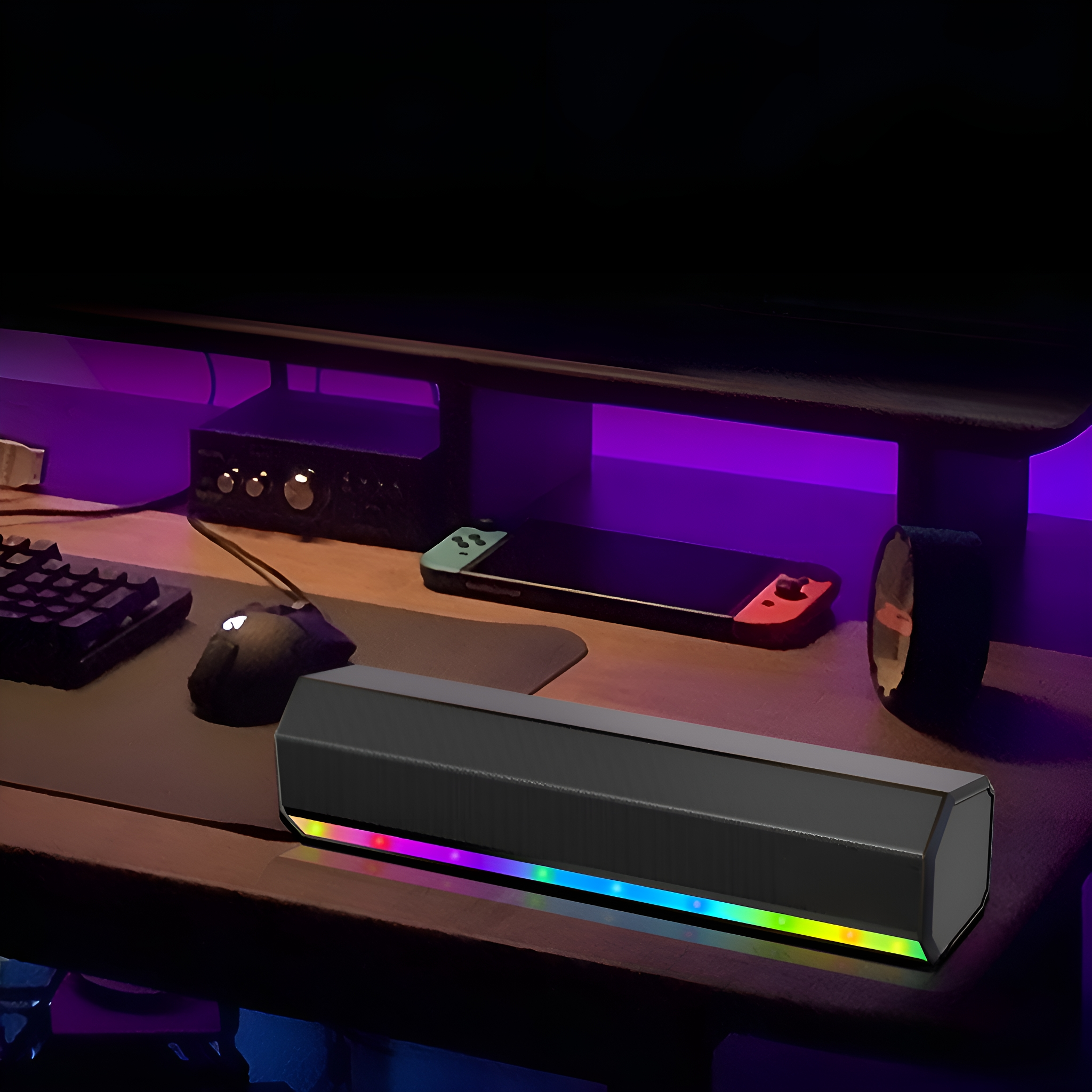 Schwarze und graue Soundbar mit RGB-Beleuchtung. Auf einem Schreibtisch mit Maus, Tastatur und Switch.