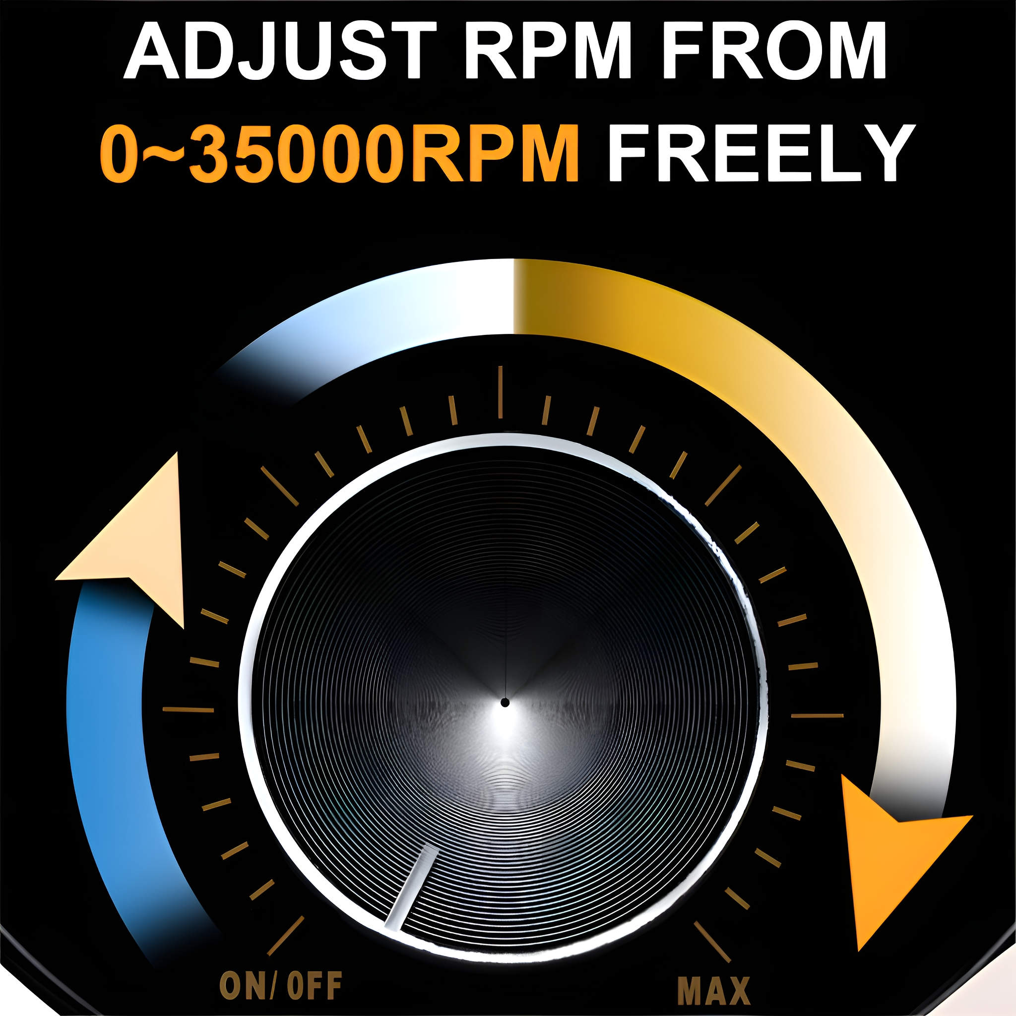 Nahaufnahme eines Zifferblatts, das einstellbare RPM von 0 bis 35000 zeigt. Pfeile und Markierungen sichtbar.