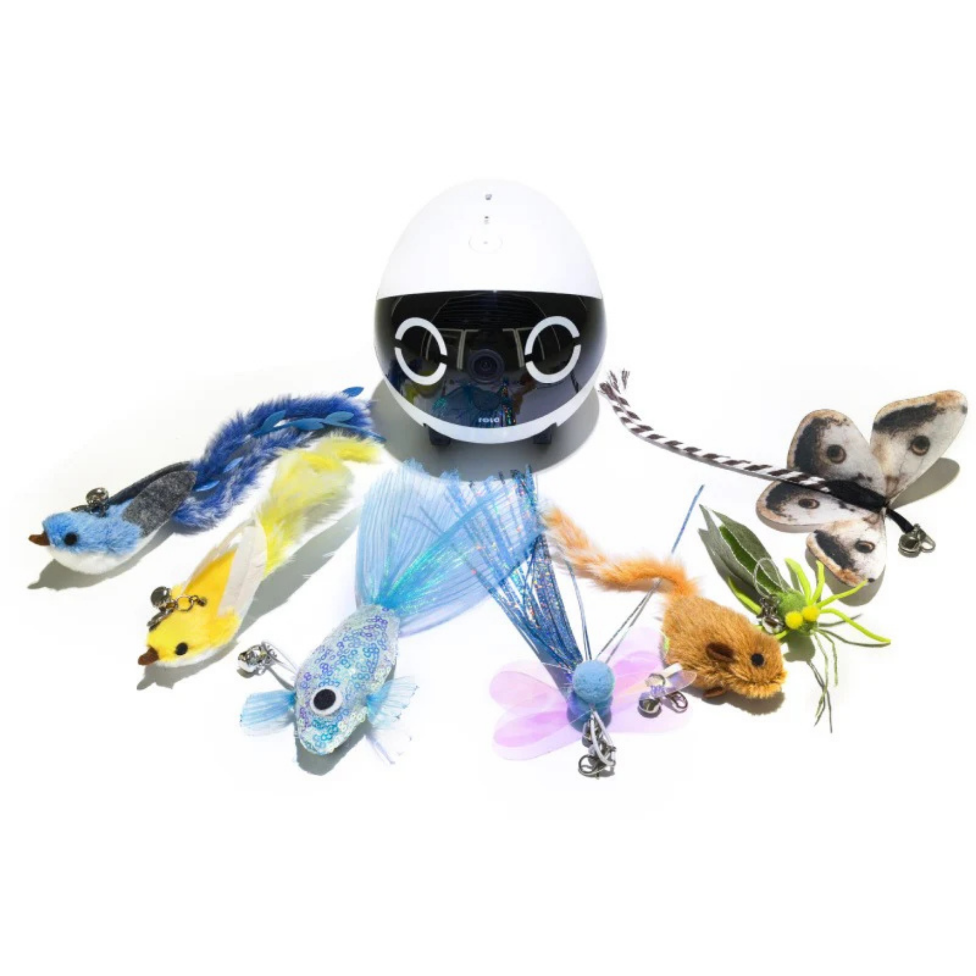 Katzenspielzeug mit weißem Roboter-Kopf und verschiedenen Spielzeugen.