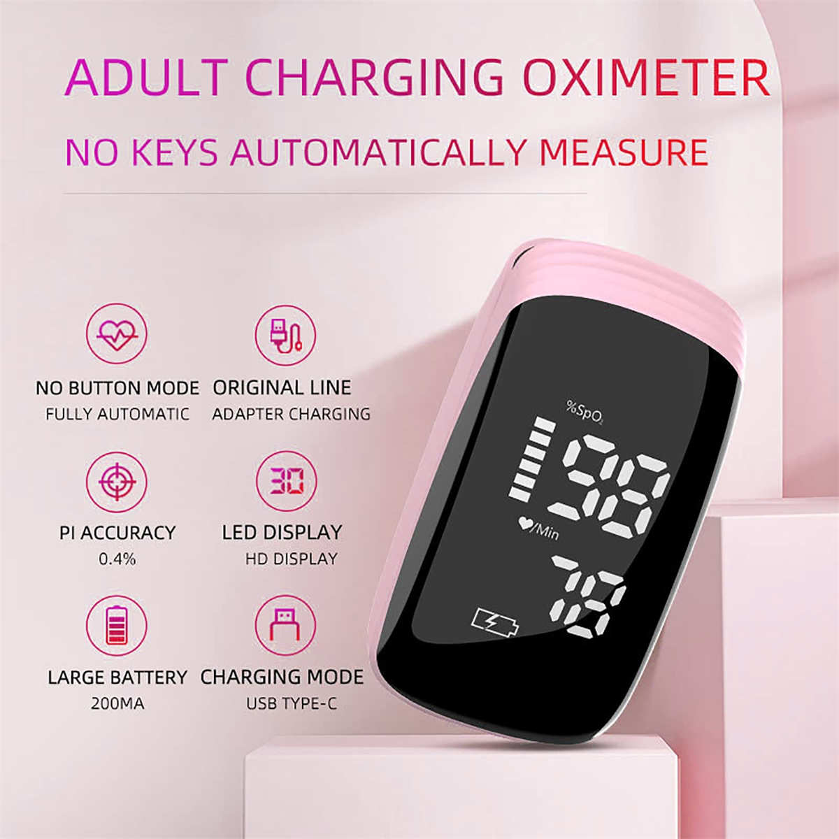 Rosa Ladungs-Oximeter mit Digitalanzeige, zeigt SpO2 und Pulsfrequenz, weißer Hintergrund.
