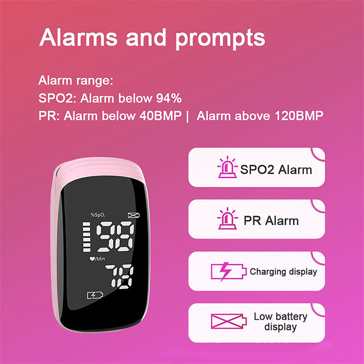 Ein rosafarbenes Oximeter mit Display. Text, der Alarme und Hinweise anzeigt, ist vorhanden.