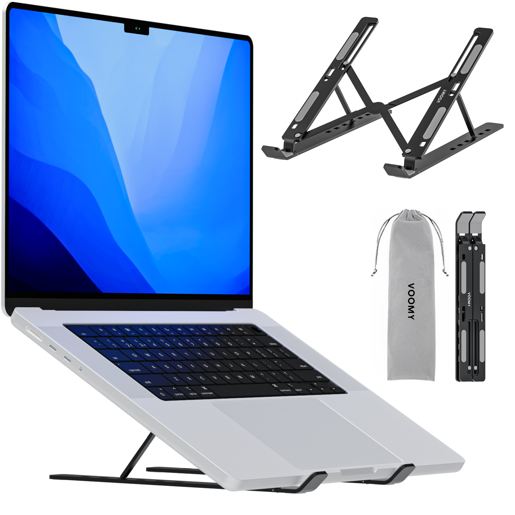 Laptop auf einem Ständer mit zusätzlichem Zubehör. Laptop hat blauen Bildschirm.
