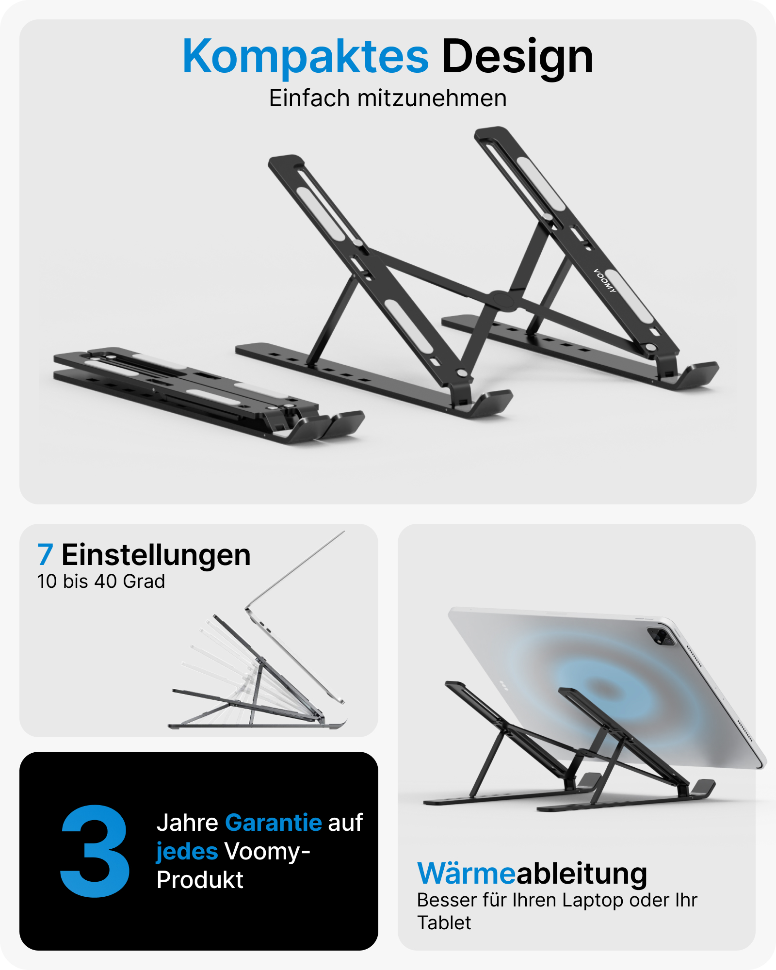 Schwarzer Laptop-Ständer mit zwei Armen. Einer gefaltet. Texte zu Design, Einstellungen und Garantie.