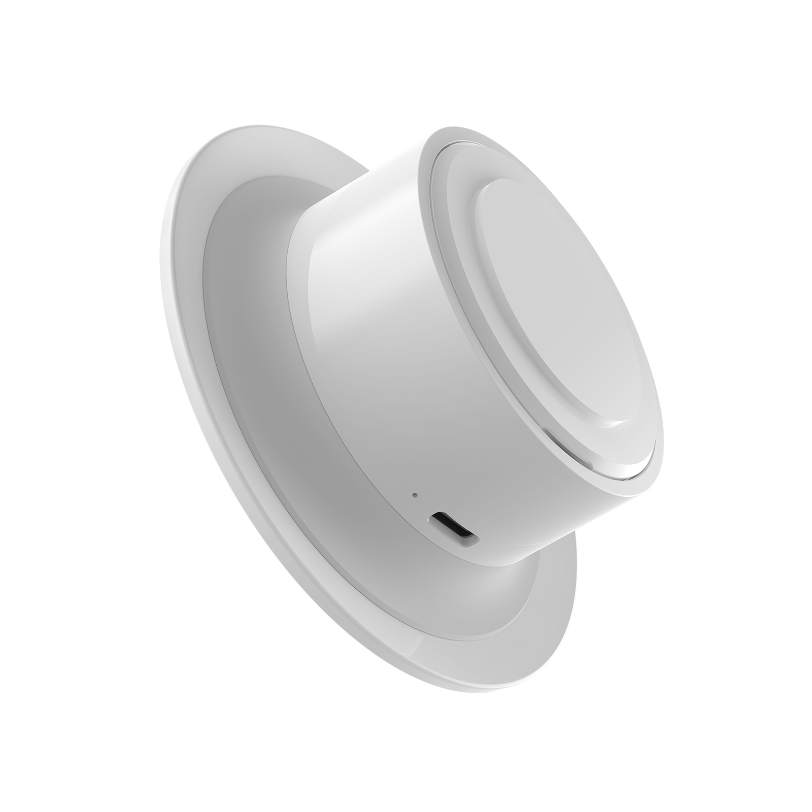 Weißes kabelloses Ladegerät. Es ist eine runde Scheibe mit einem kleinen USB-Anschluss.