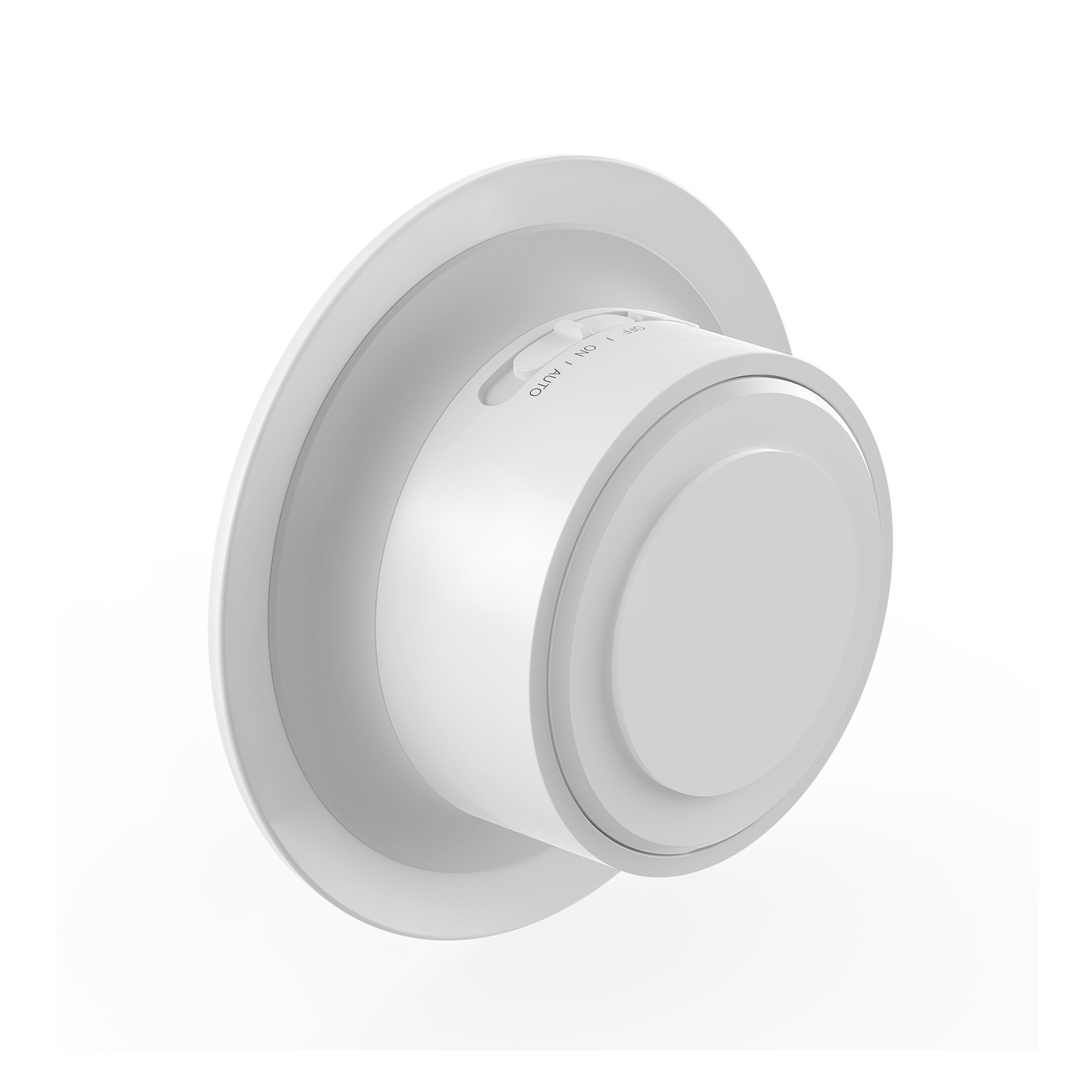 Weißer, kreisförmiger Lichtsensor mit Einstelldrehrad. Weißer Hintergrund.