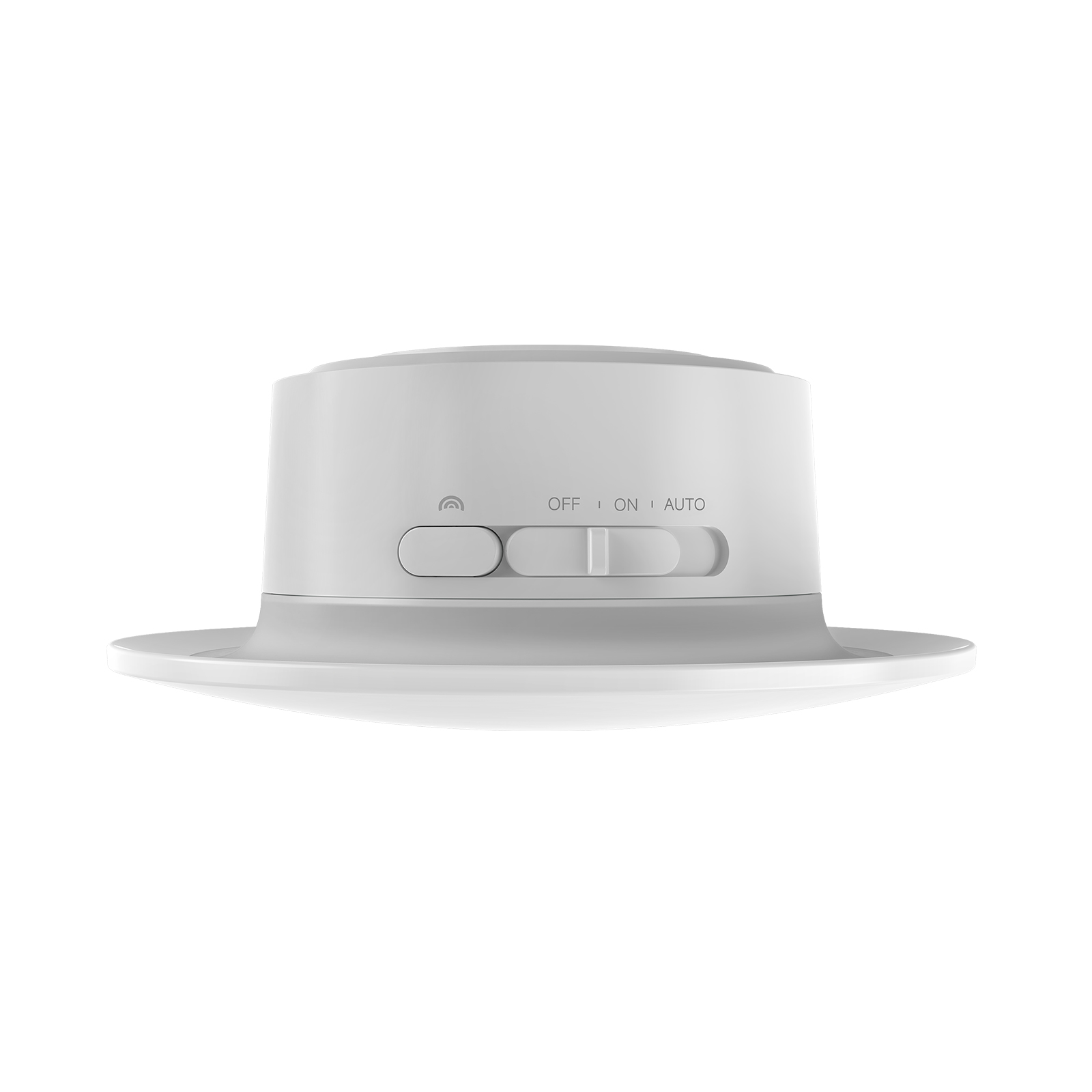 Weißes Smart-Home-Gerät mit Knöpfen und einem Schieberegler. Das Gerät ist scheibenförmig und steht auf einem Sockel.