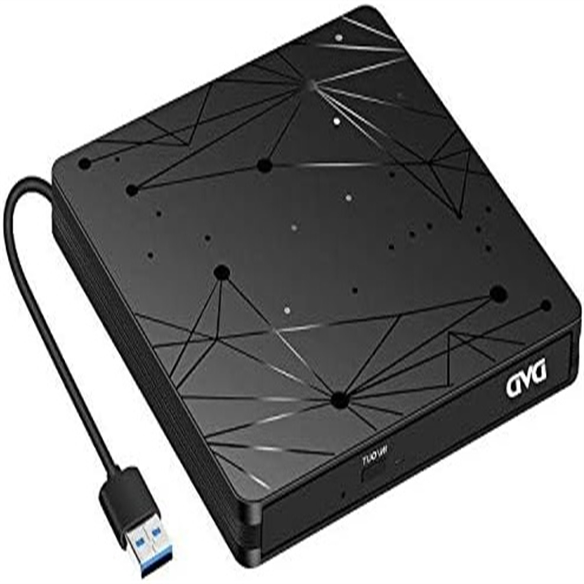 Schwarzes DVD-Laufwerk mit geometrischem Muster, verbunden mit USB-Kabel.