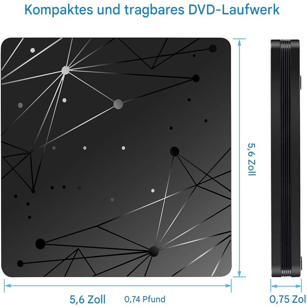 Ein schwarz-graues DVD-Laufwerk mit Abmessungen. Der Titel lautet "Kompaktes und tragbares DVD-Laufwerk".