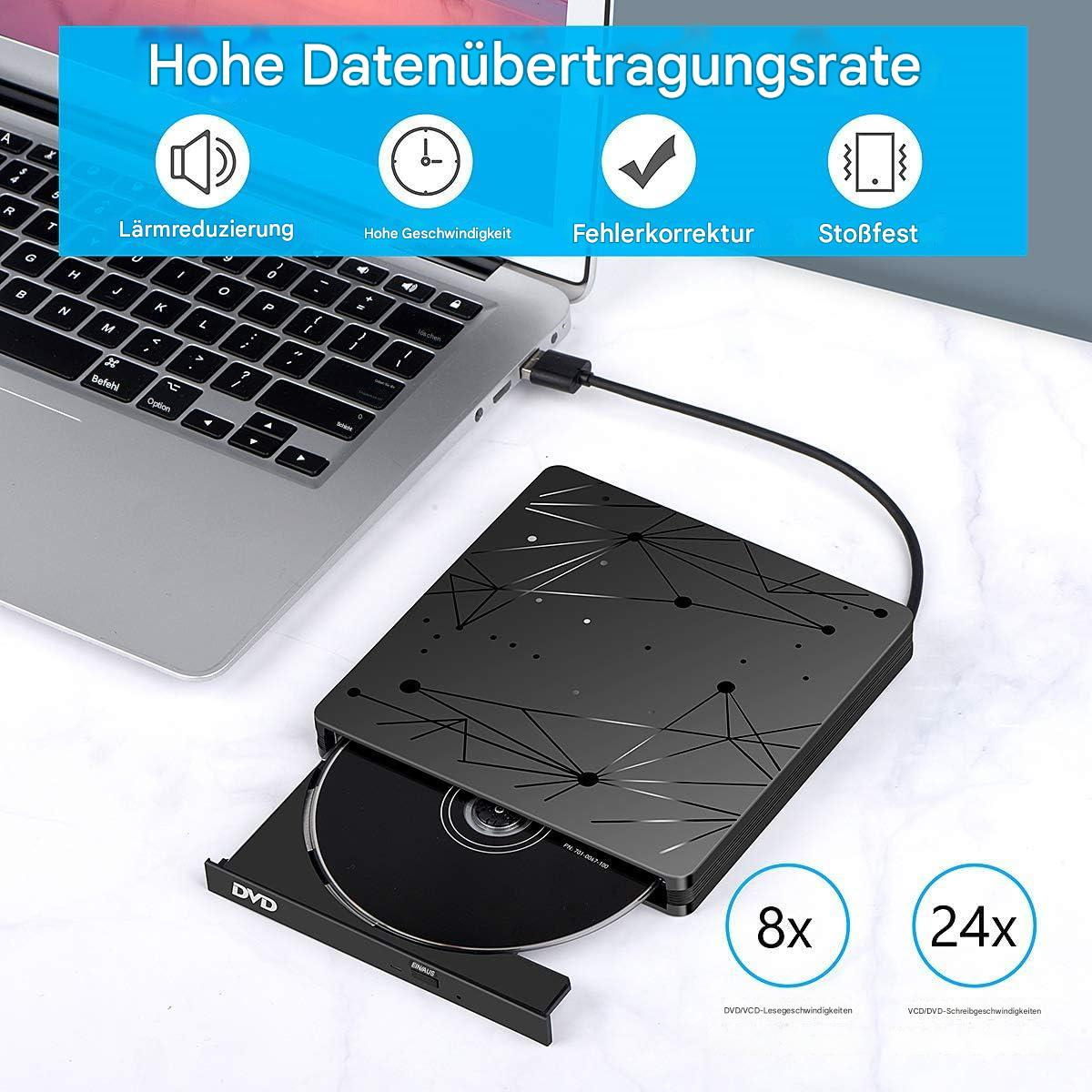Schwarzes externes DVD-Laufwerk mit CD. Laptop und Text auf der linken Seite. Weißer Hintergrund.