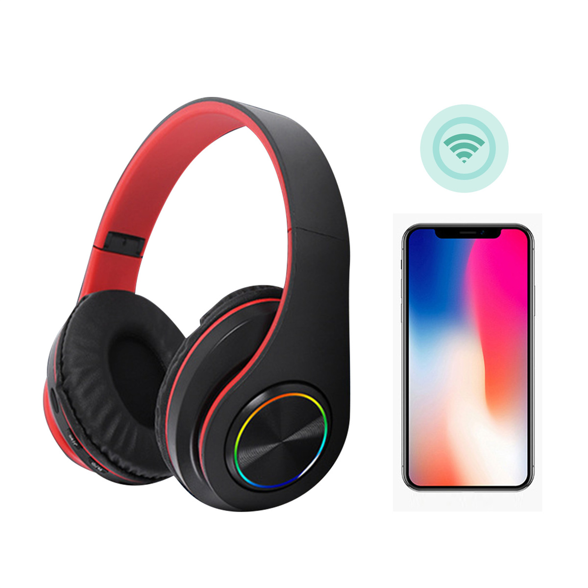 Rote und schwarze Kopfhörer und ein Smartphone mit WLAN-Symbol.
