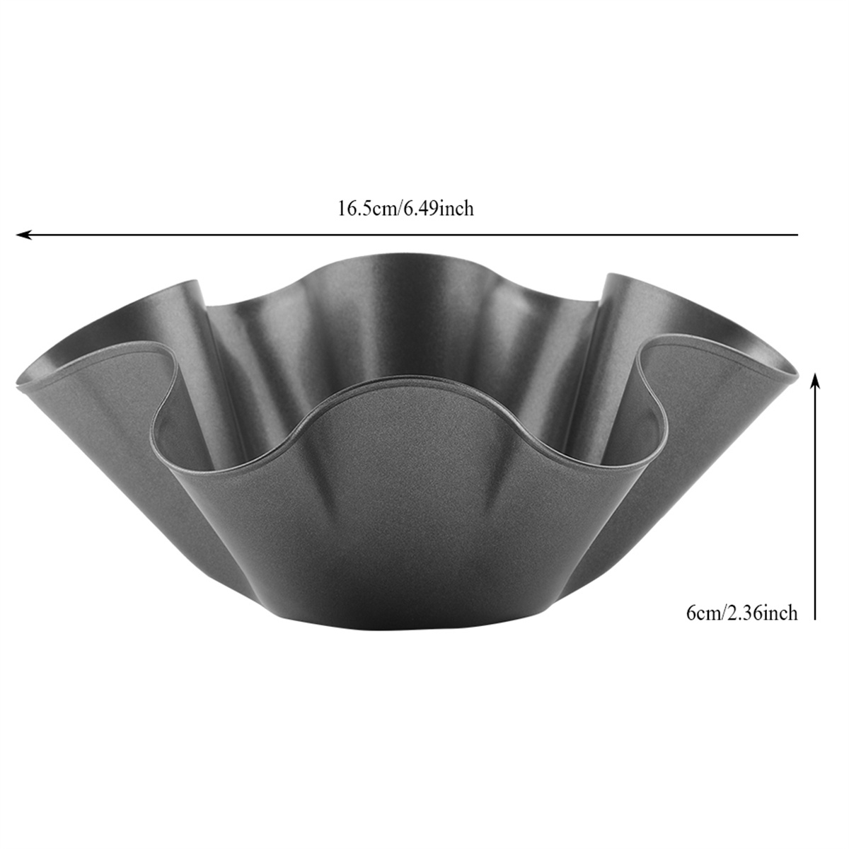 Eine dunkelgraue Taco-Schüsselpfanne aus Metall. Abmessungen sind angegeben. Die Pfanne ist gerüscht.
