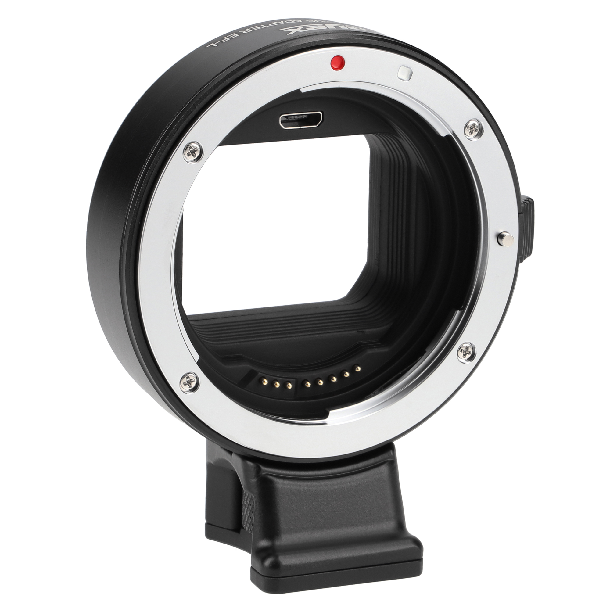 Ein schwarzer Kameraobjektivadapter mit silbernem Ring und USB-Anschluss.